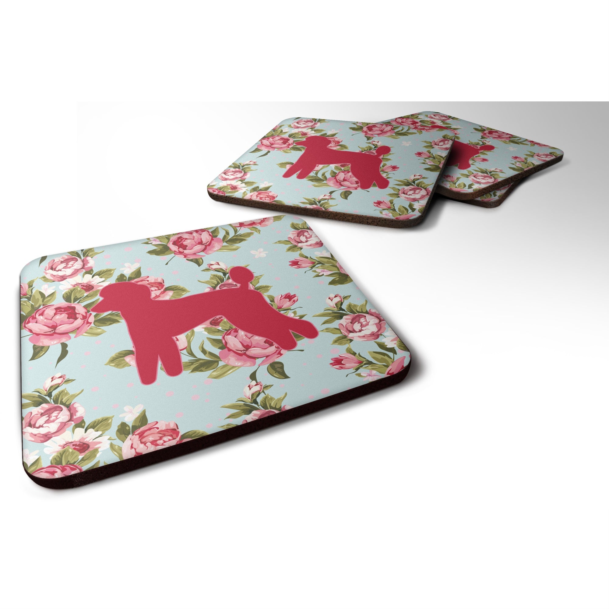 Poodle Shabby Chic Blue Roses Bb1114 Foam Coaster Set Of 4