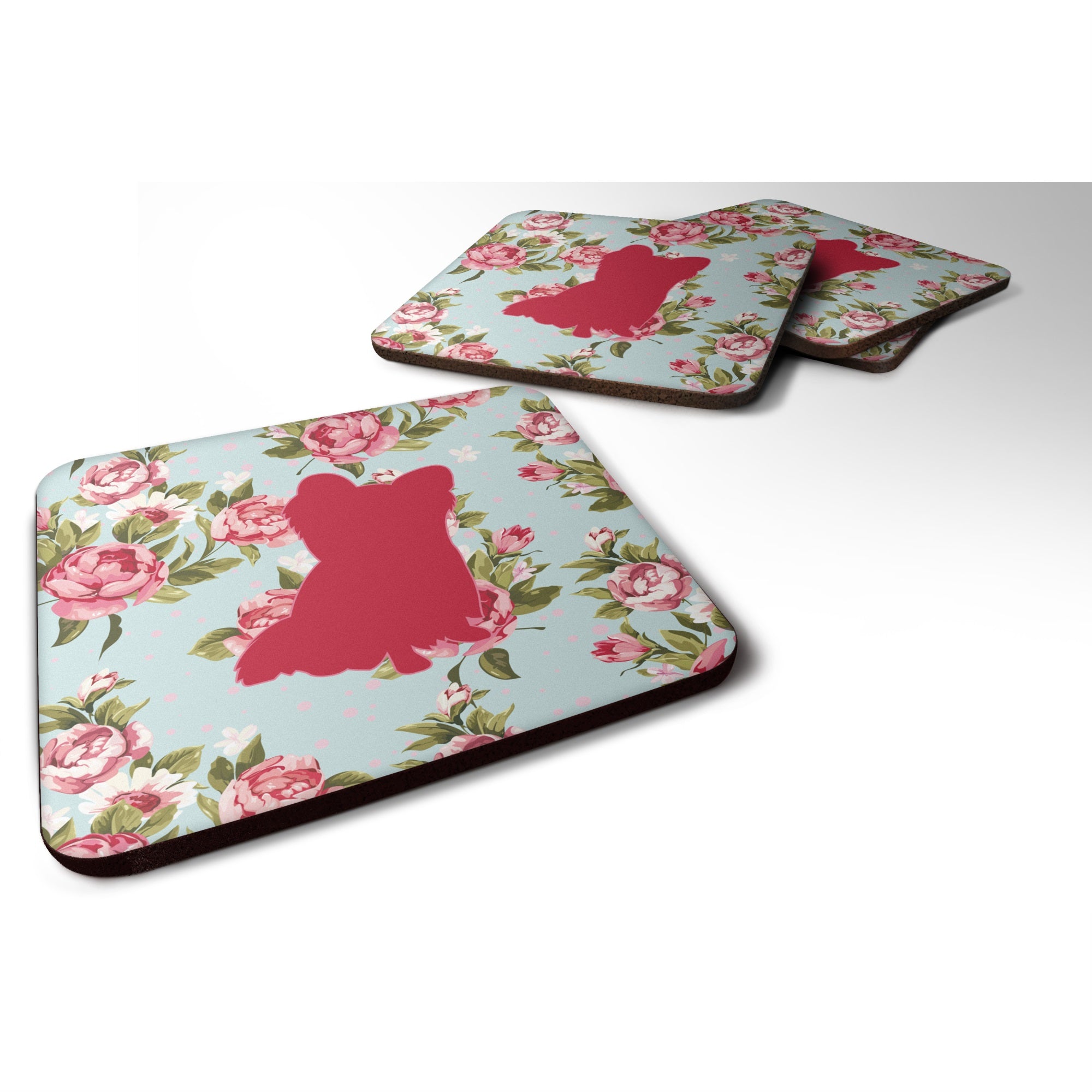 Chihuahua Shabby Chic Blue Roses Bb1115 Foam Coaster Set Of 4