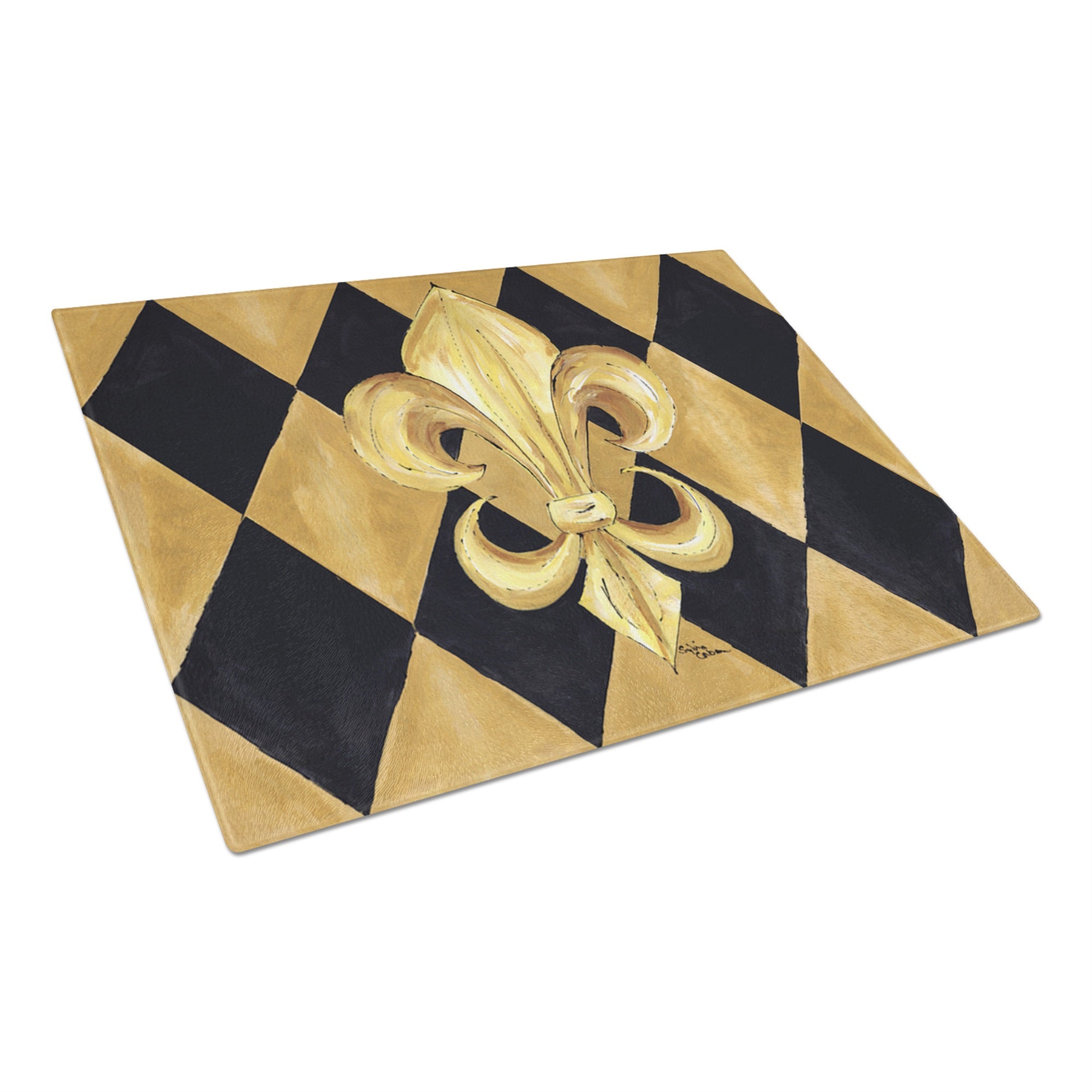 Black And Gold Fleur De Lis New Orleans Glass Cutting Board Large