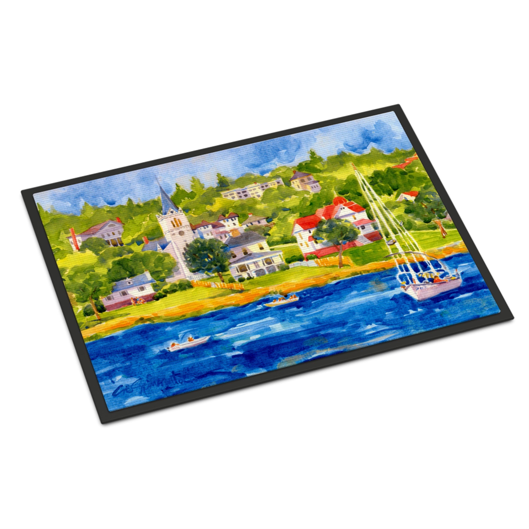 Harbour Scene With Sailboat Indoor Or Outdoor Mat 18X27