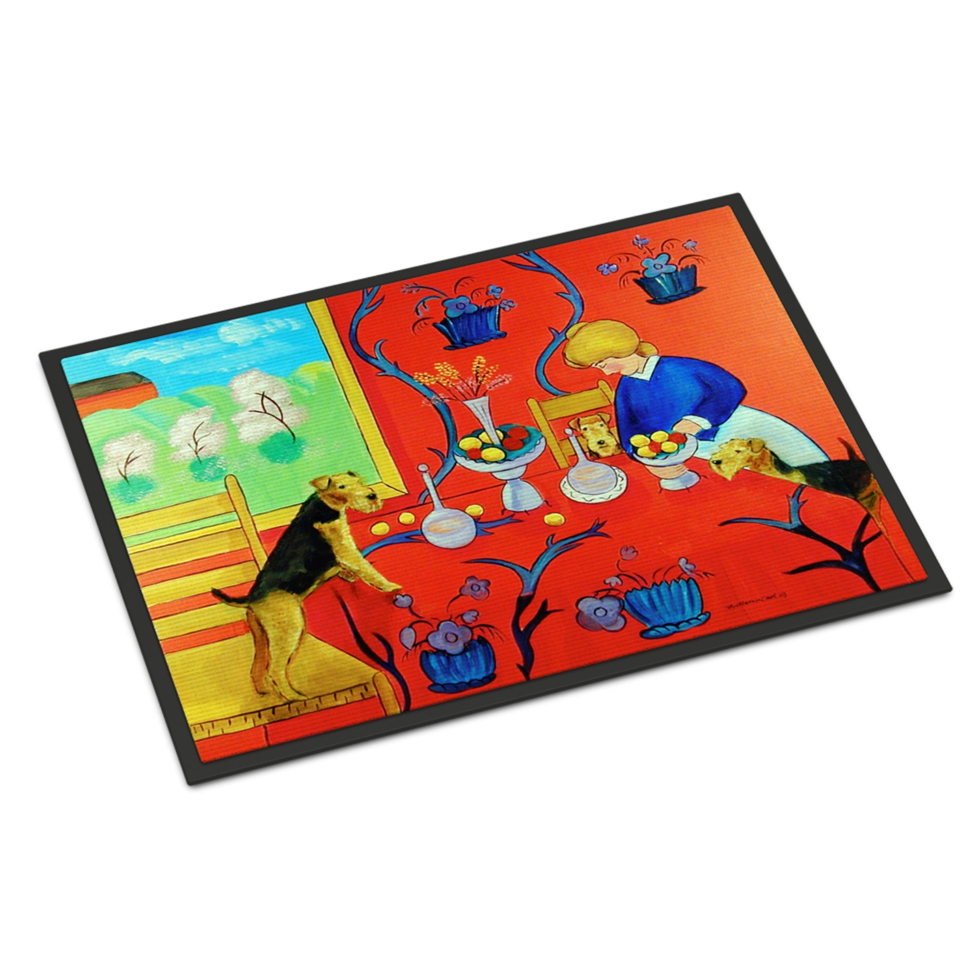 Airedale Terrier With Lady In The Kitchen Indoor Or Outdoor Mat 18X27
