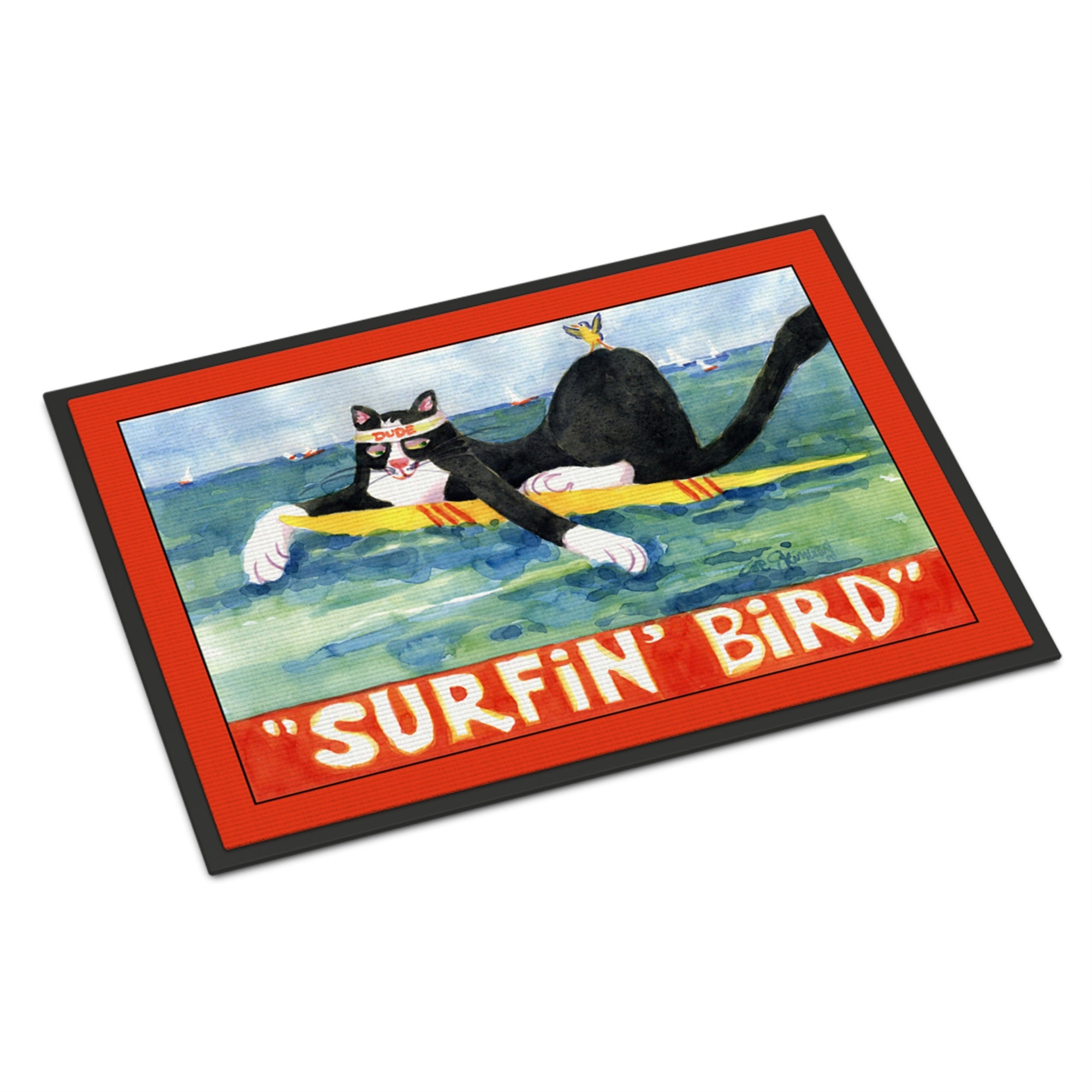 Black And White Cat Surfin Bird Indoor Or Outdoor Mat 24X36