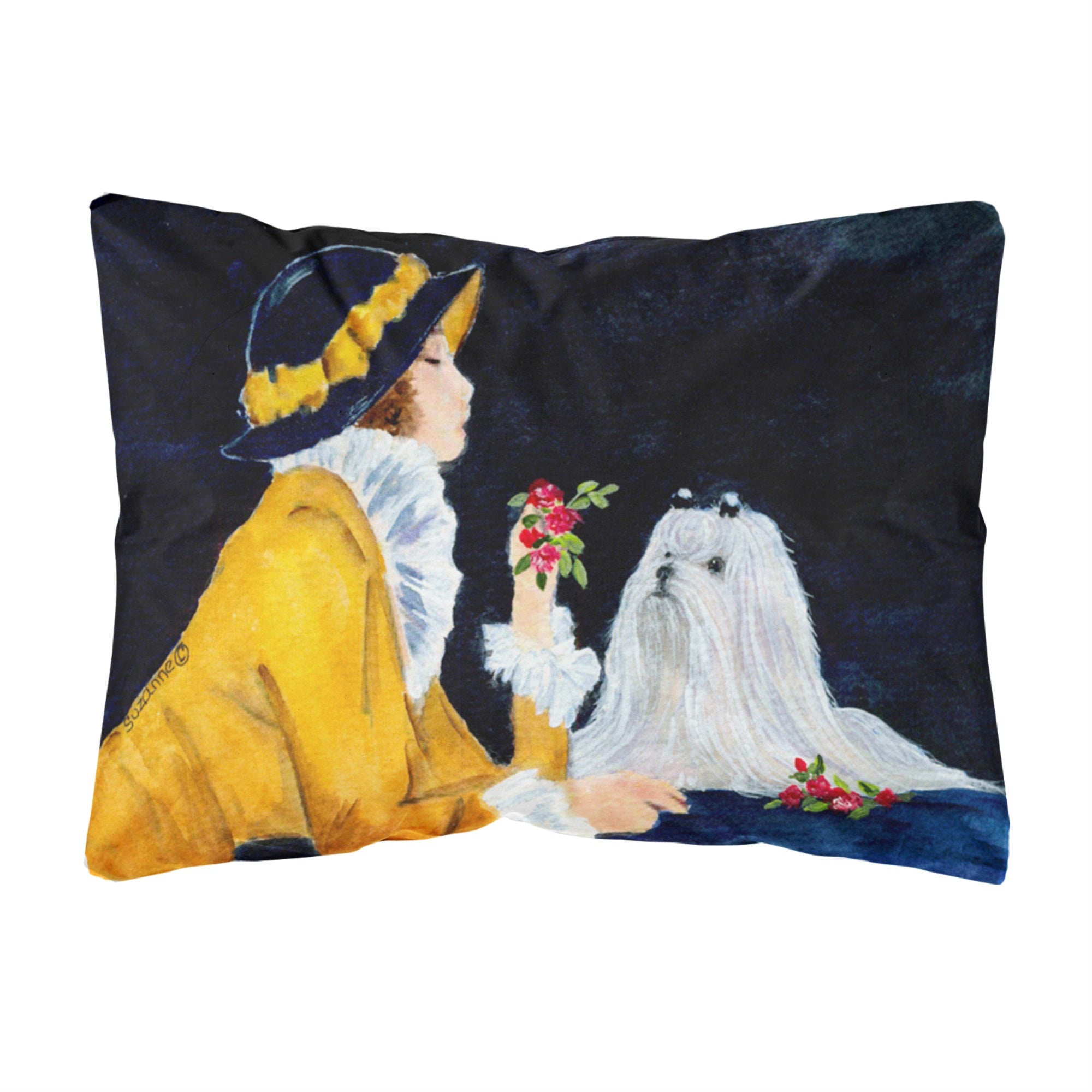 Lady With Her Maltese Canvas Fabric Decorative Pillow