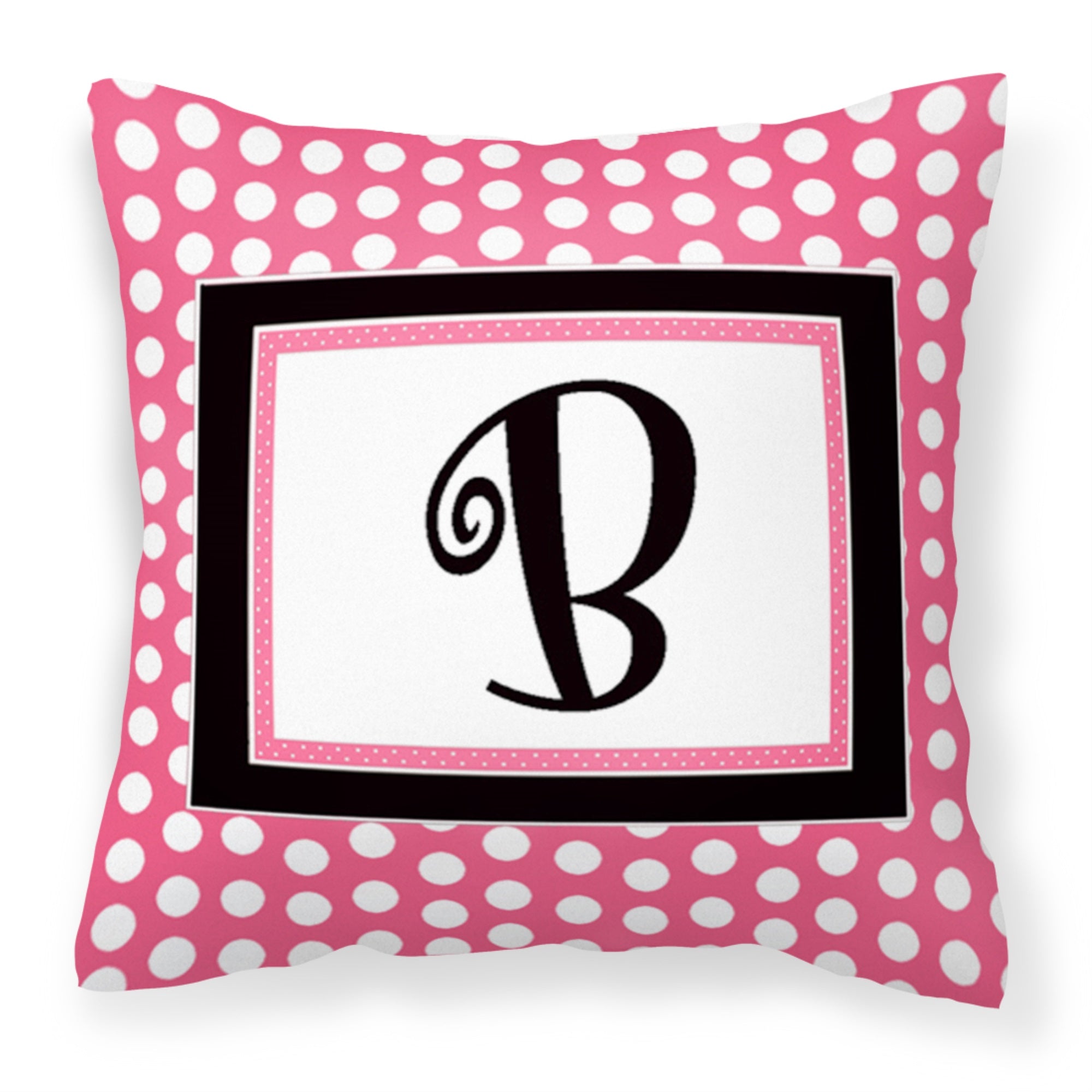 Letter B Monogram - Pink Black Polka Dots Fabric Decorative Pillow