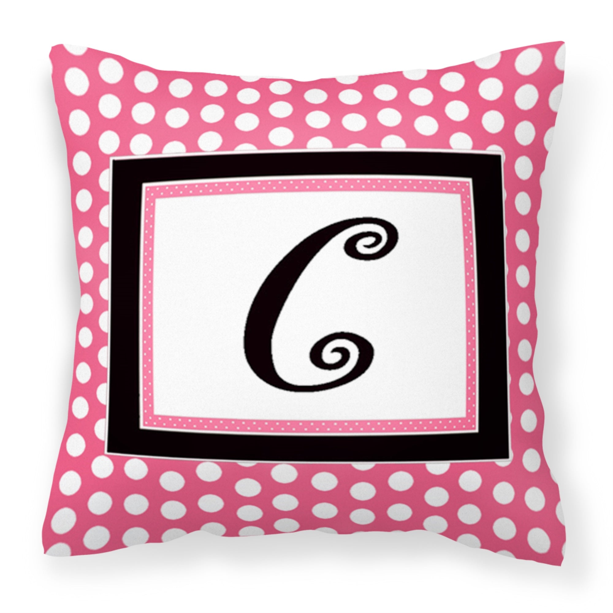 Letter C Monogram - Pink Black Polka Dots Fabric Decorative Pillow