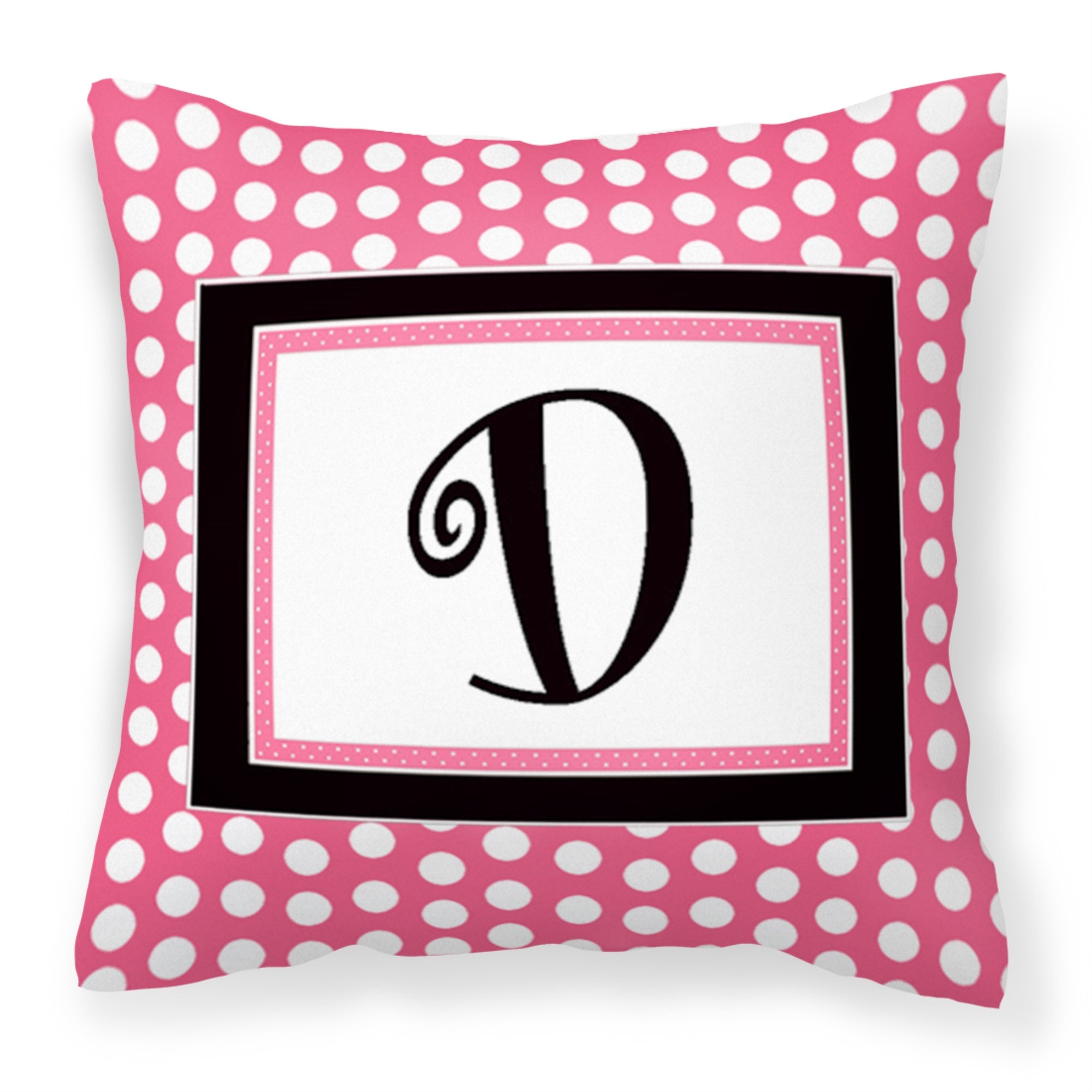 Letter D Monogram - Pink Black Polka Dots Fabric Decorative Pillow