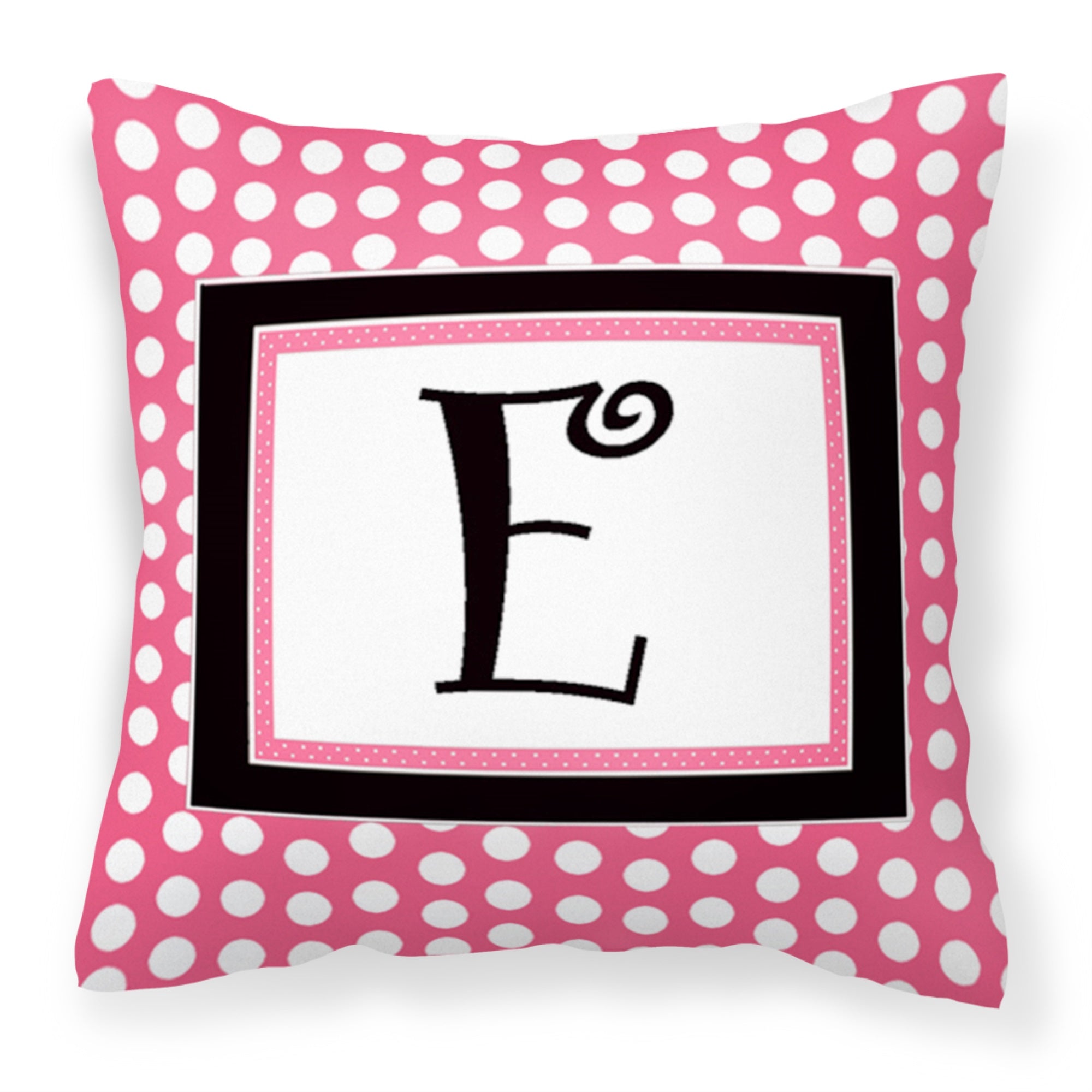 Letter E Monogram - Pink Black Polka Dots Fabric Decorative Pillow