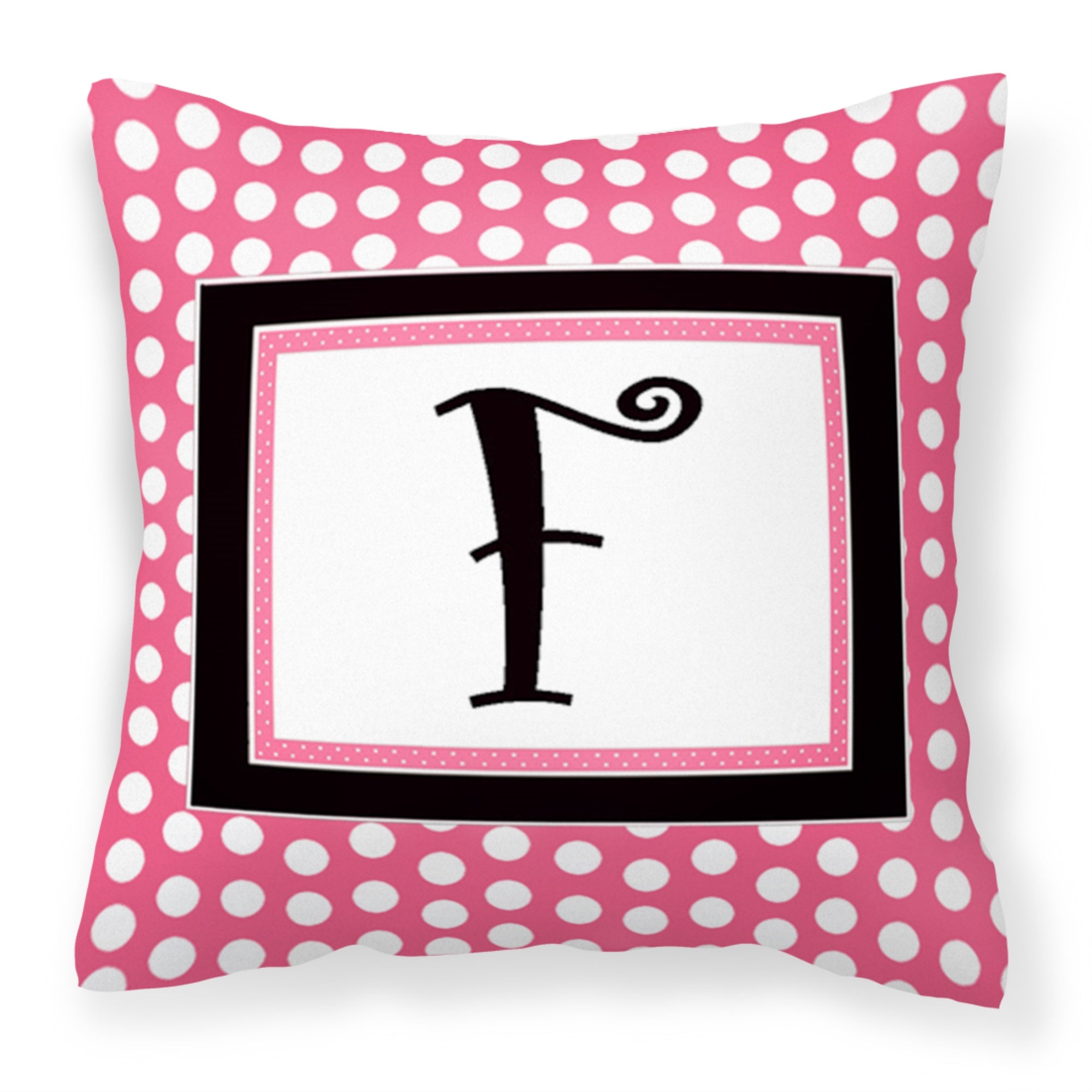 Letter F Monogram - Pink Black Polka Dots Fabric Decorative Pillow