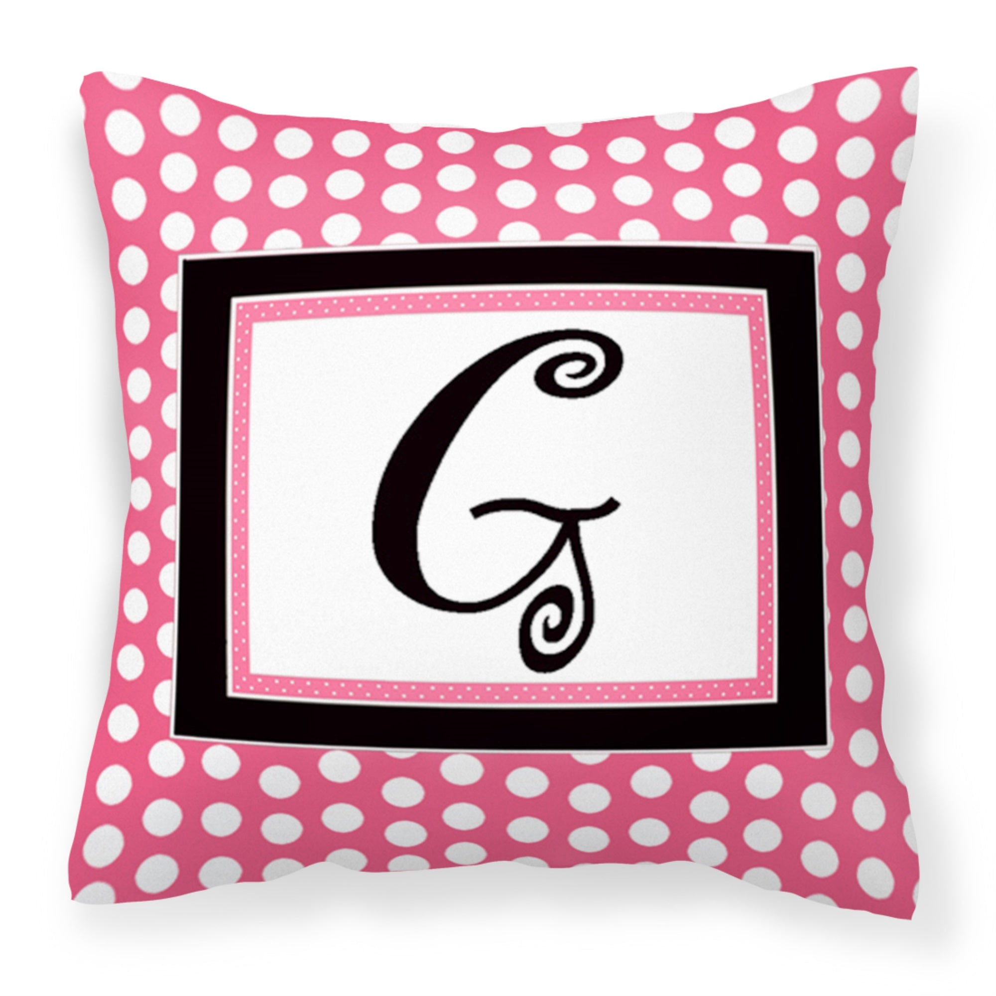 Letter G Monogram - Pink Black Polka Dots Fabric Decorative Pillow