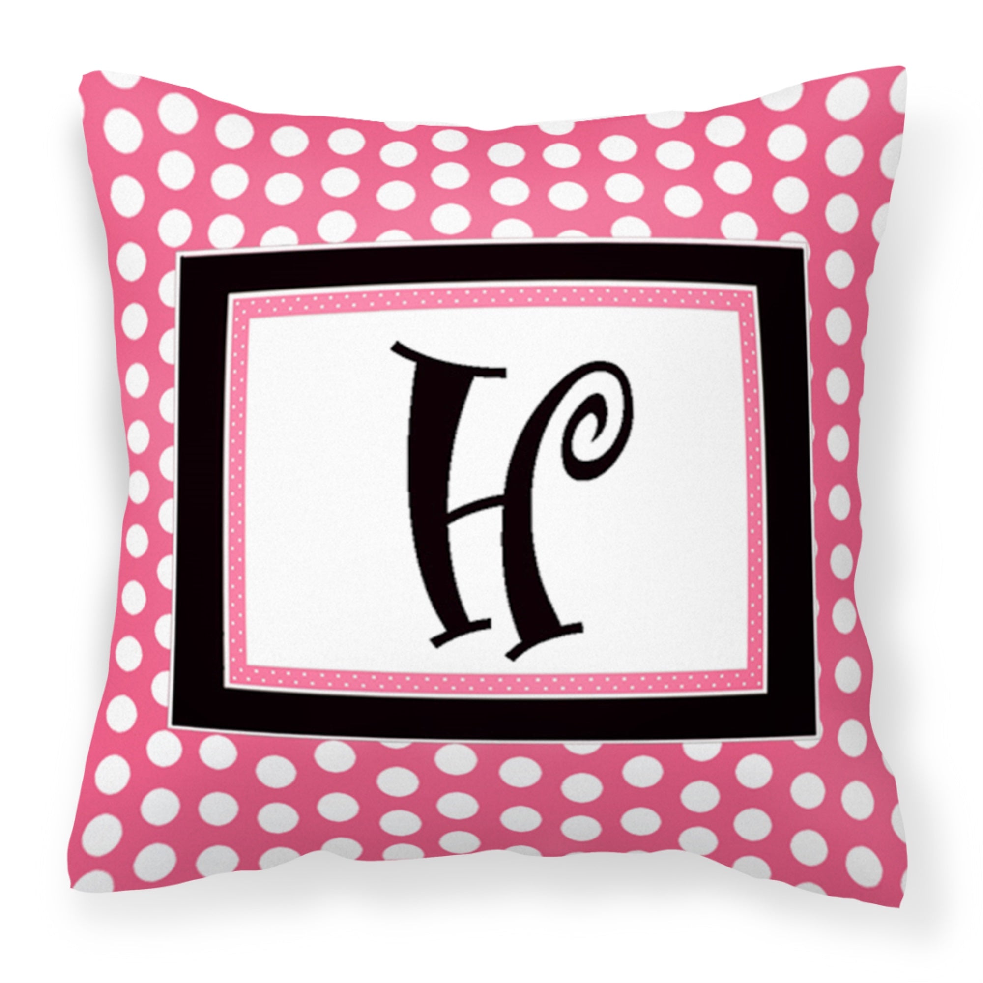 Letter H Monogram - Pink Black Polka Dots Fabric Decorative Pillow