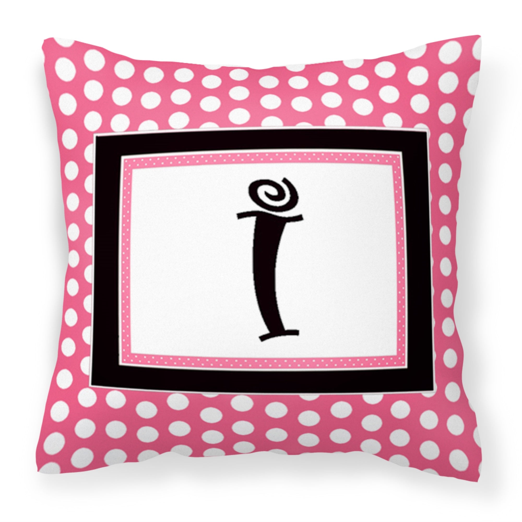 Letter I Monogram - Pink Black Polka Dots Fabric Decorative Pillow