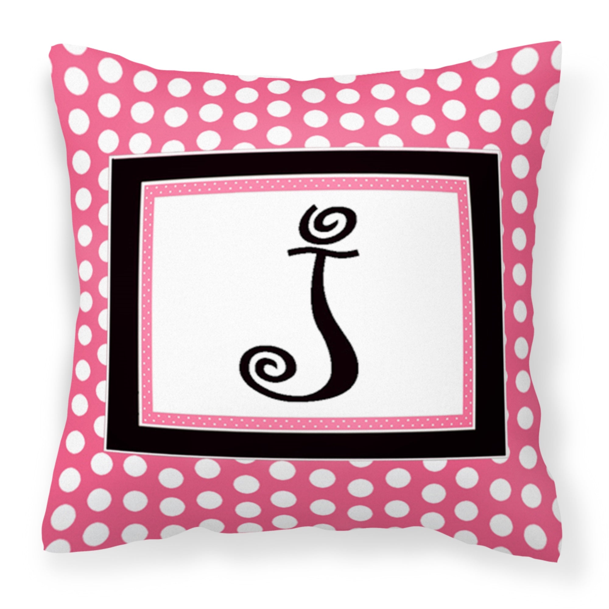 Letter J Monogram - Pink Black Polka Dots Fabric Decorative Pillow