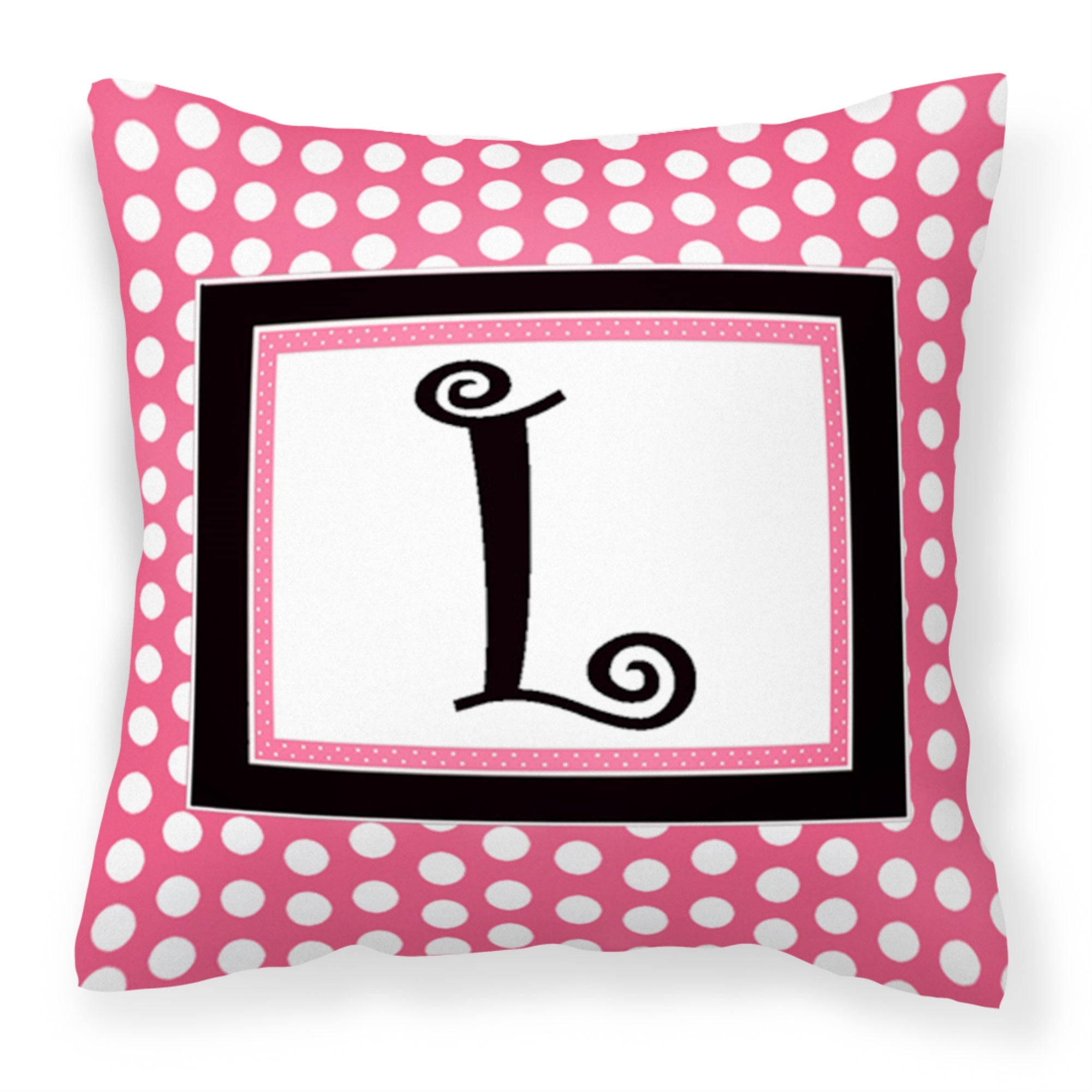 Letter L Monogram - Pink Black Polka Dots Fabric Decorative Pillow
