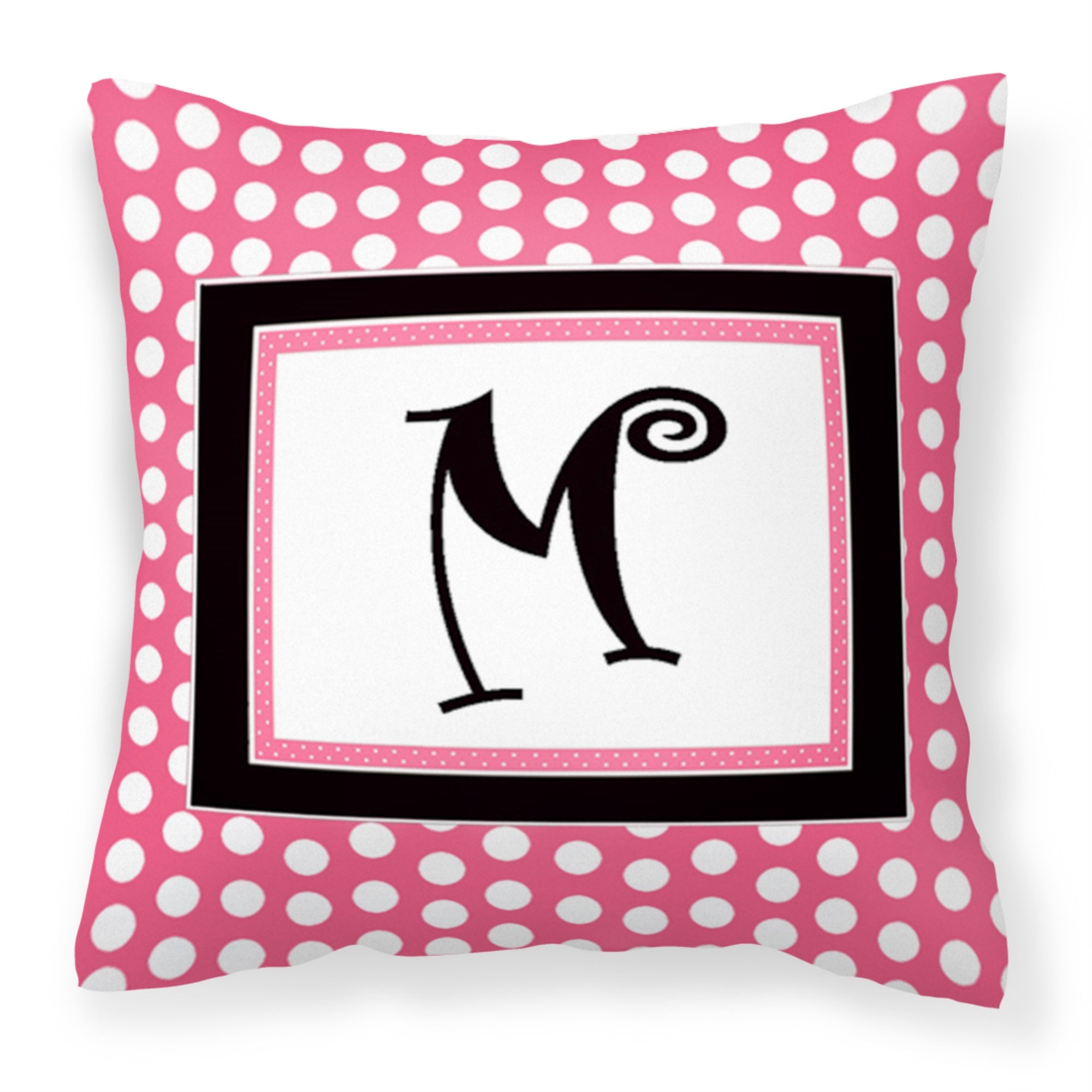 Letter M Monogram - Pink Black Polka Dots Fabric Decorative Pillow