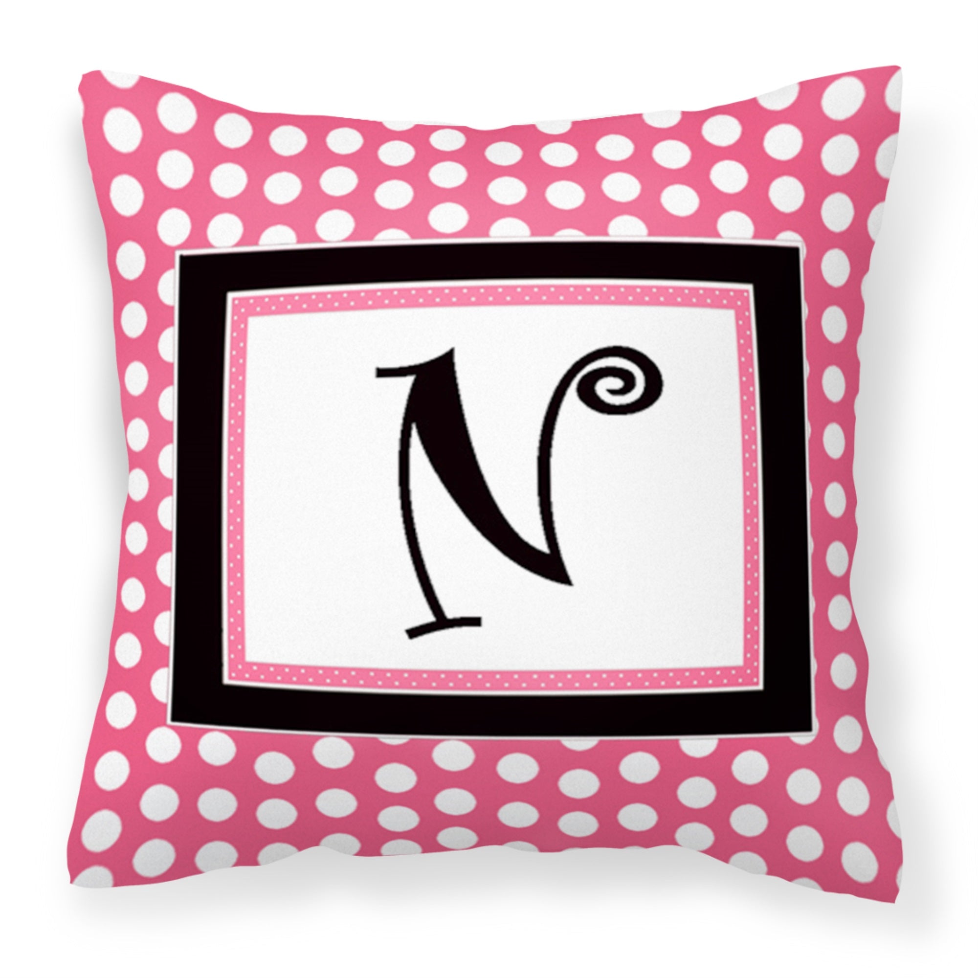 Letter N Monogram - Pink Black Polka Dots Fabric Decorative Pillow