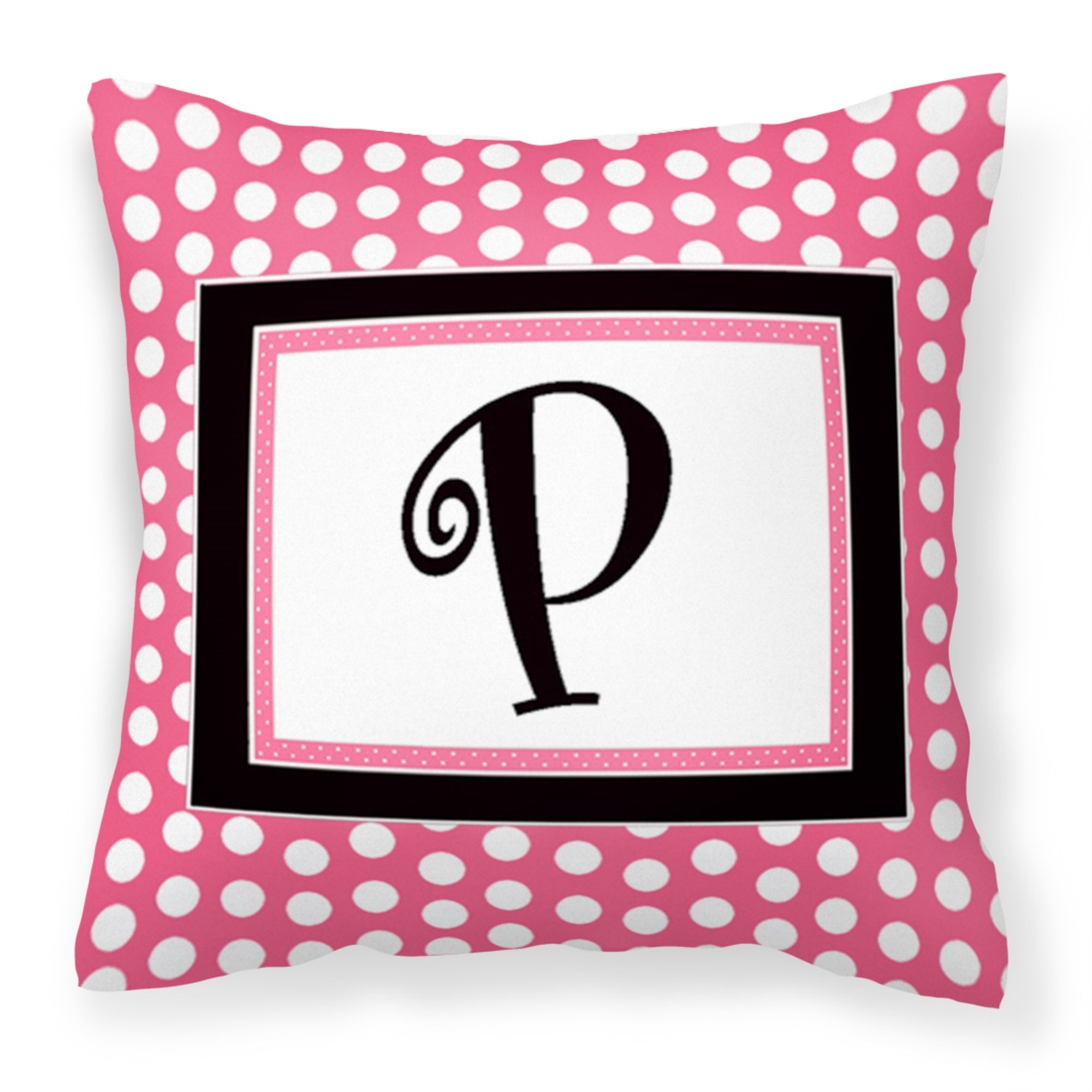 Letter P Monogram - Pink Black Polka Dots Fabric Decorative Pillow