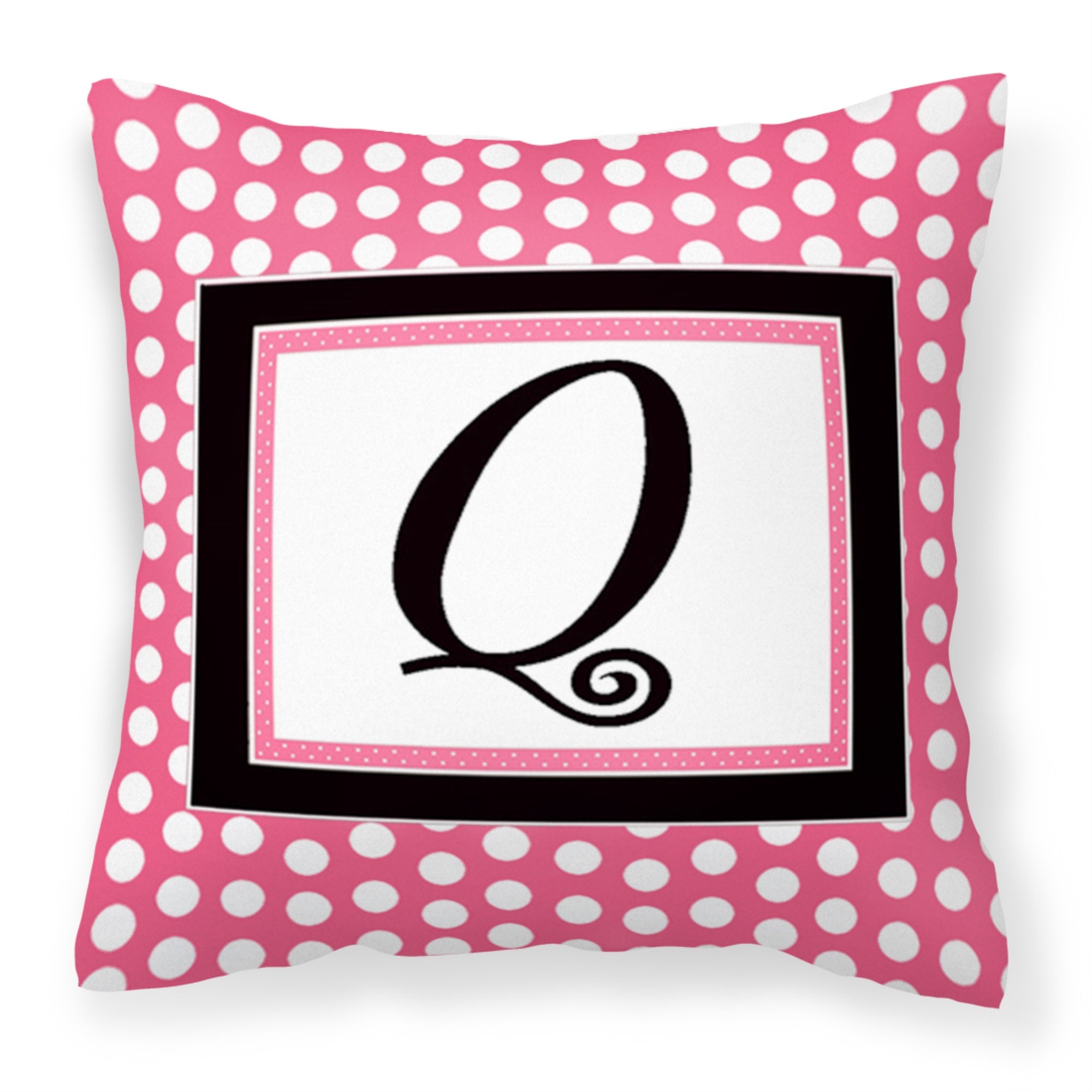 Letter Q Monogram - Pink Black Polka Dots Fabric Decorative Pillow