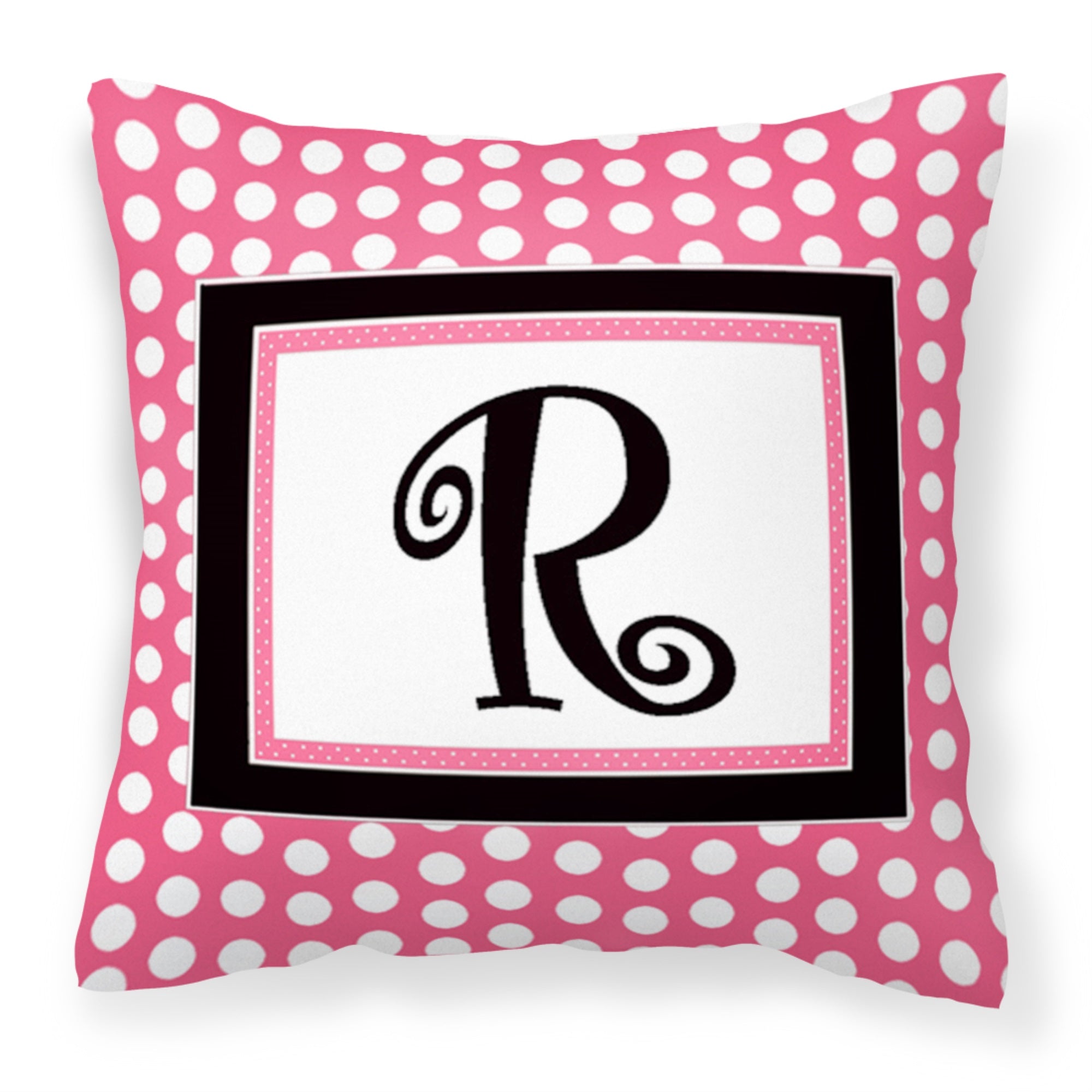 Letter R Monogram - Pink Black Polka Dots Fabric Decorative Pillow