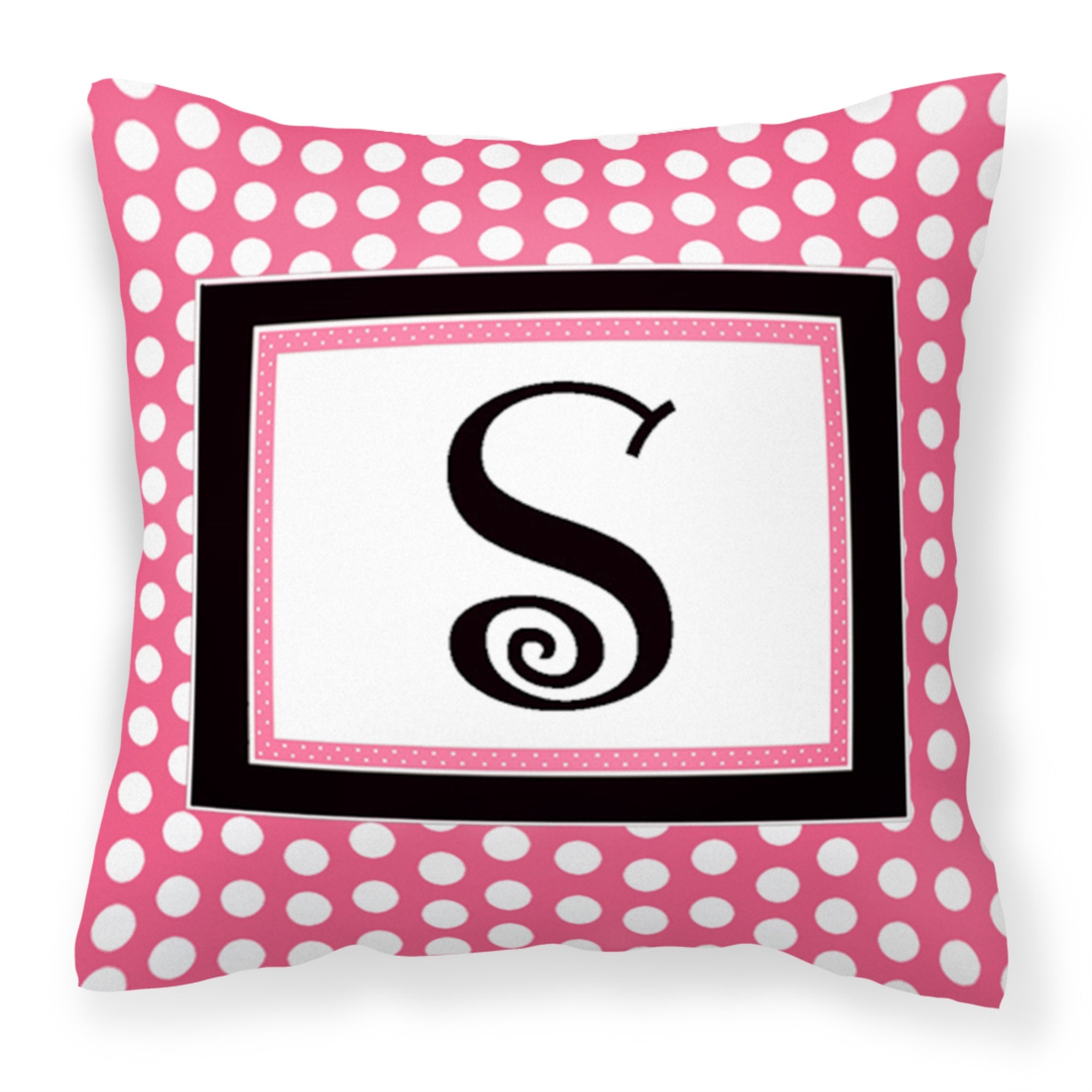 Letter S Monogram - Pink Black Polka Dots Fabric Decorative Pillow