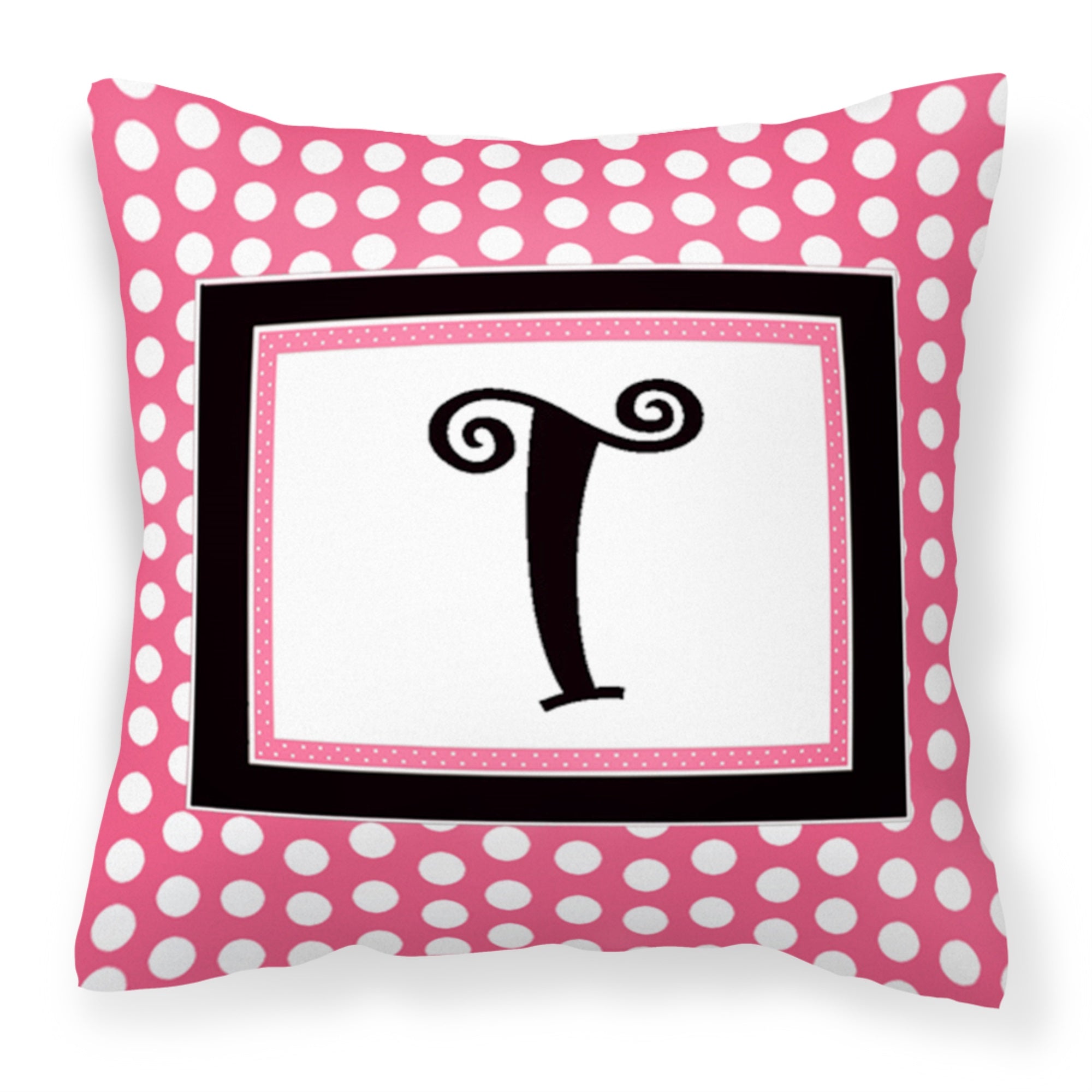 Letter T Monogram - Pink Black Polka Dots Fabric Decorative Pillow