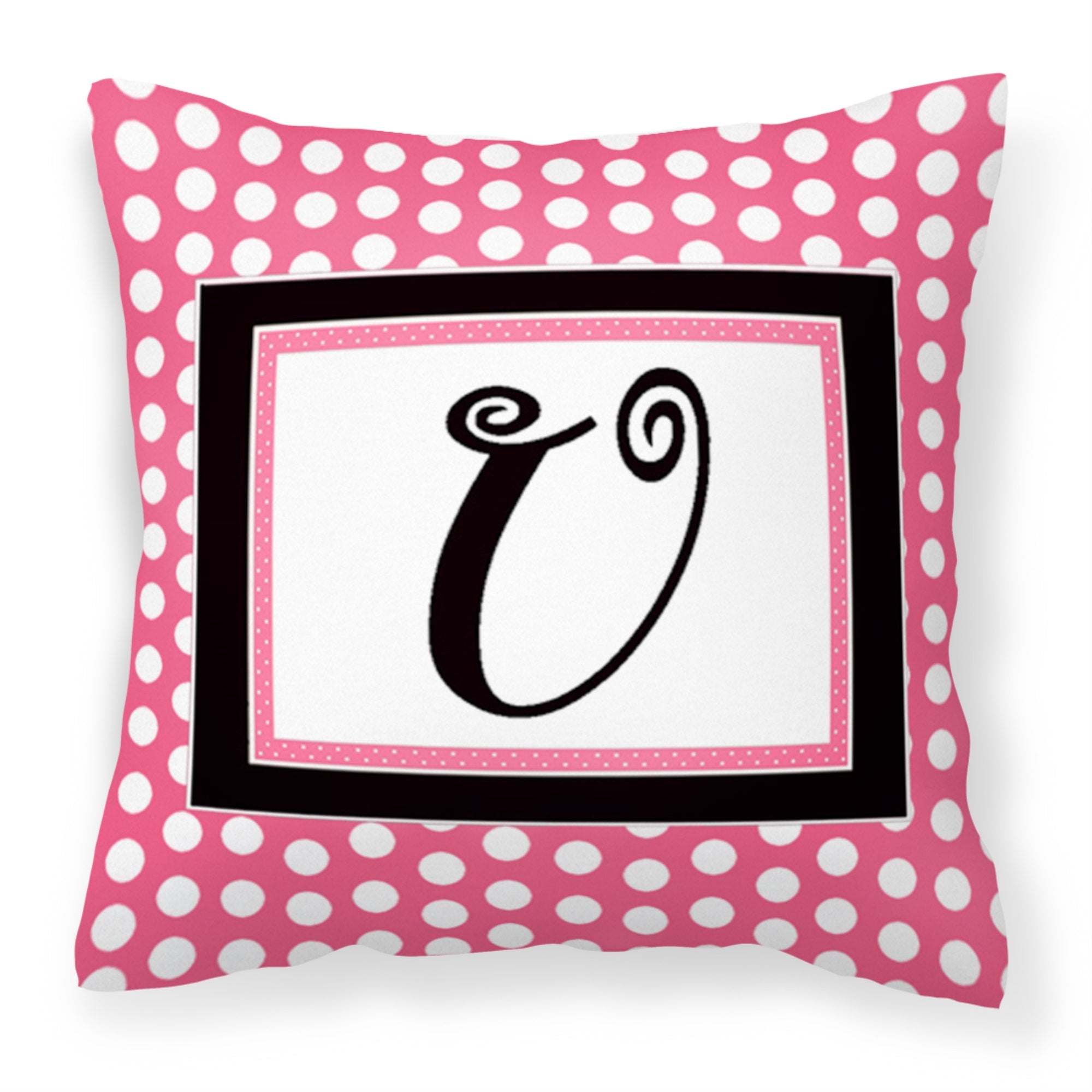 Letter U Monogram - Pink Black Polka Dots Fabric Decorative Pillow