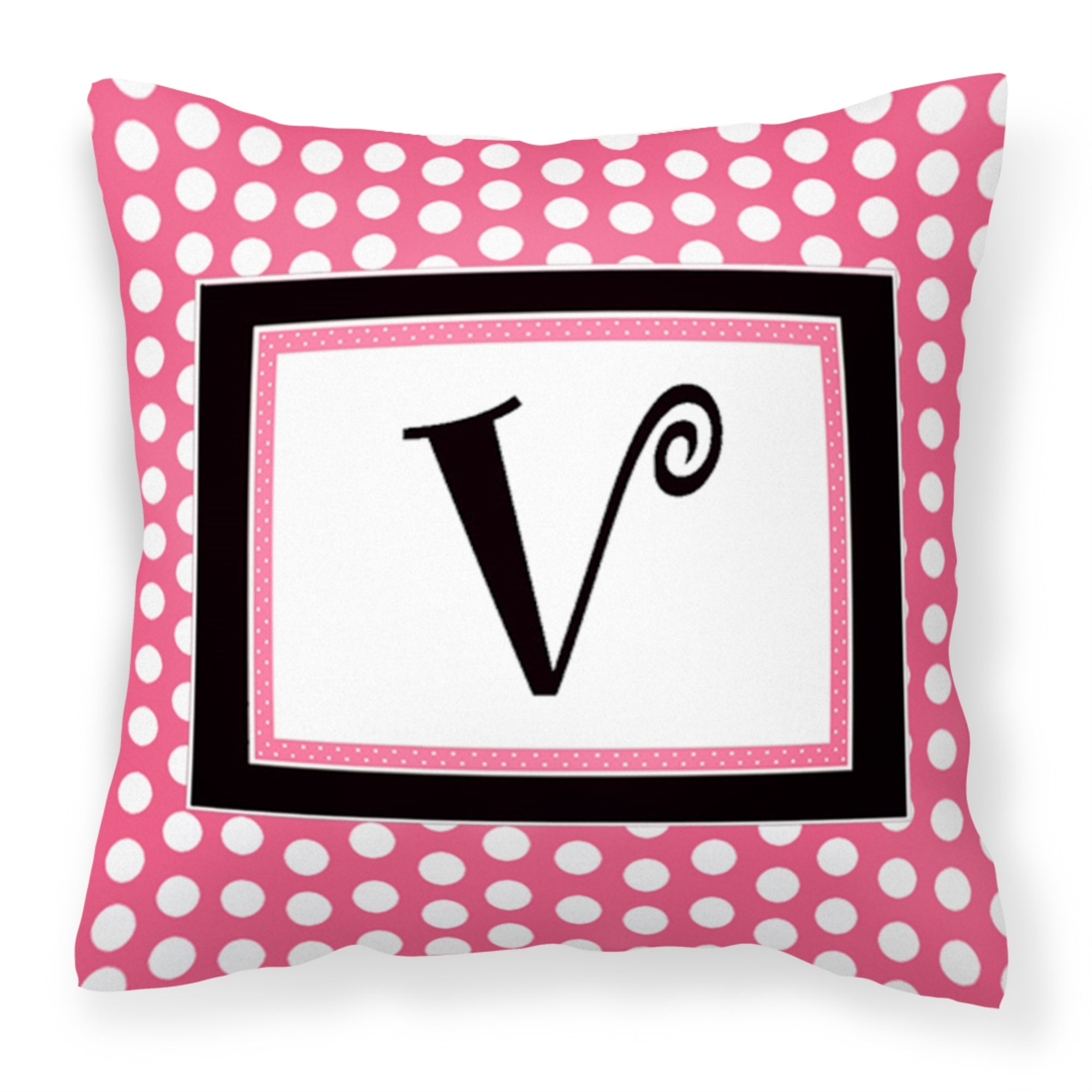 Letter V Monogram - Pink Black Polka Dots Fabric Decorative Pillow