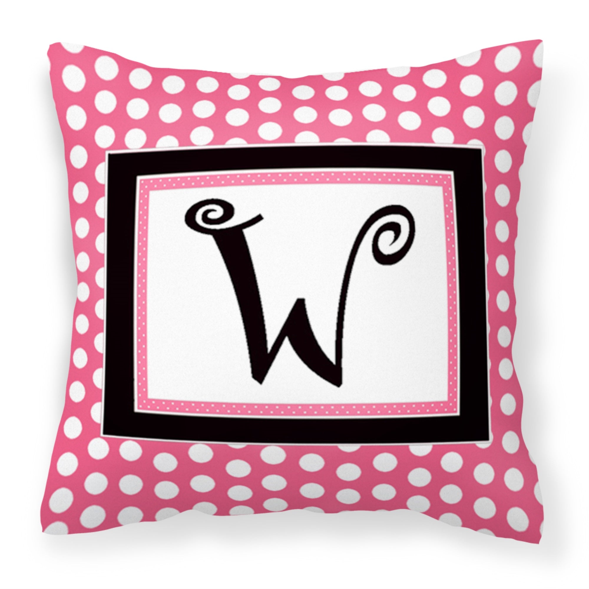 Letter W Monogram - Pink Black Polka Dots Fabric Decorative Pillow