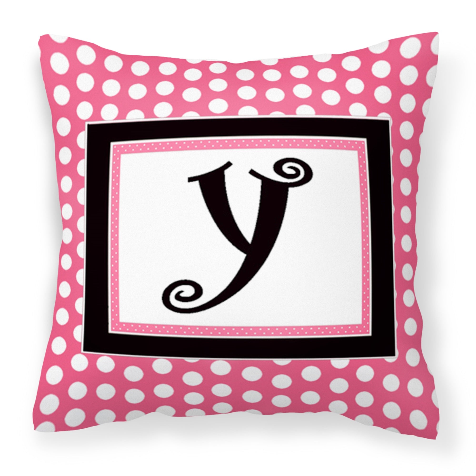 Letter Y Monogram - Pink Black Polka Dots Fabric Decorative Pillow