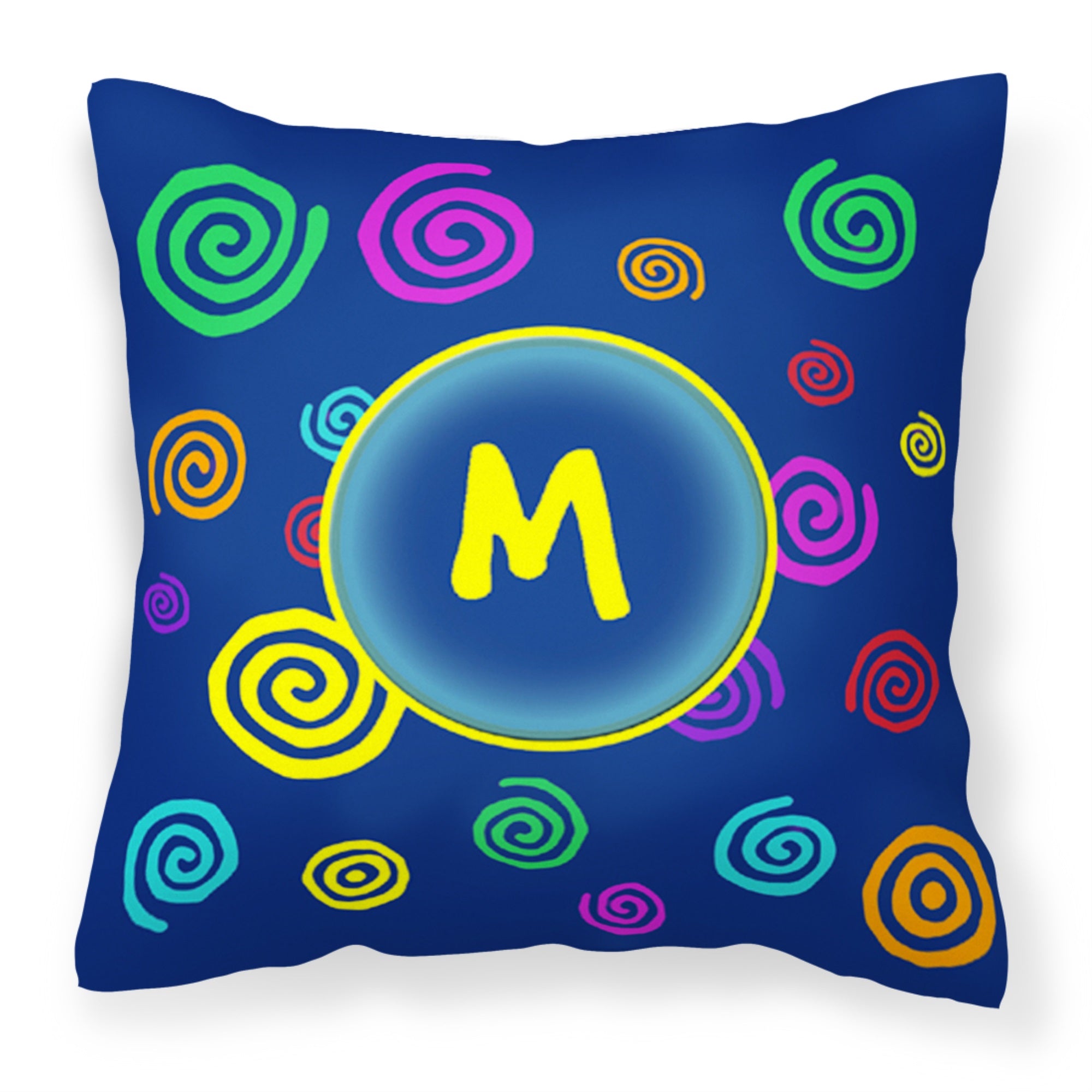 Letter M Initial Monogram - Blue Swirls Fabric Decorative Pillow