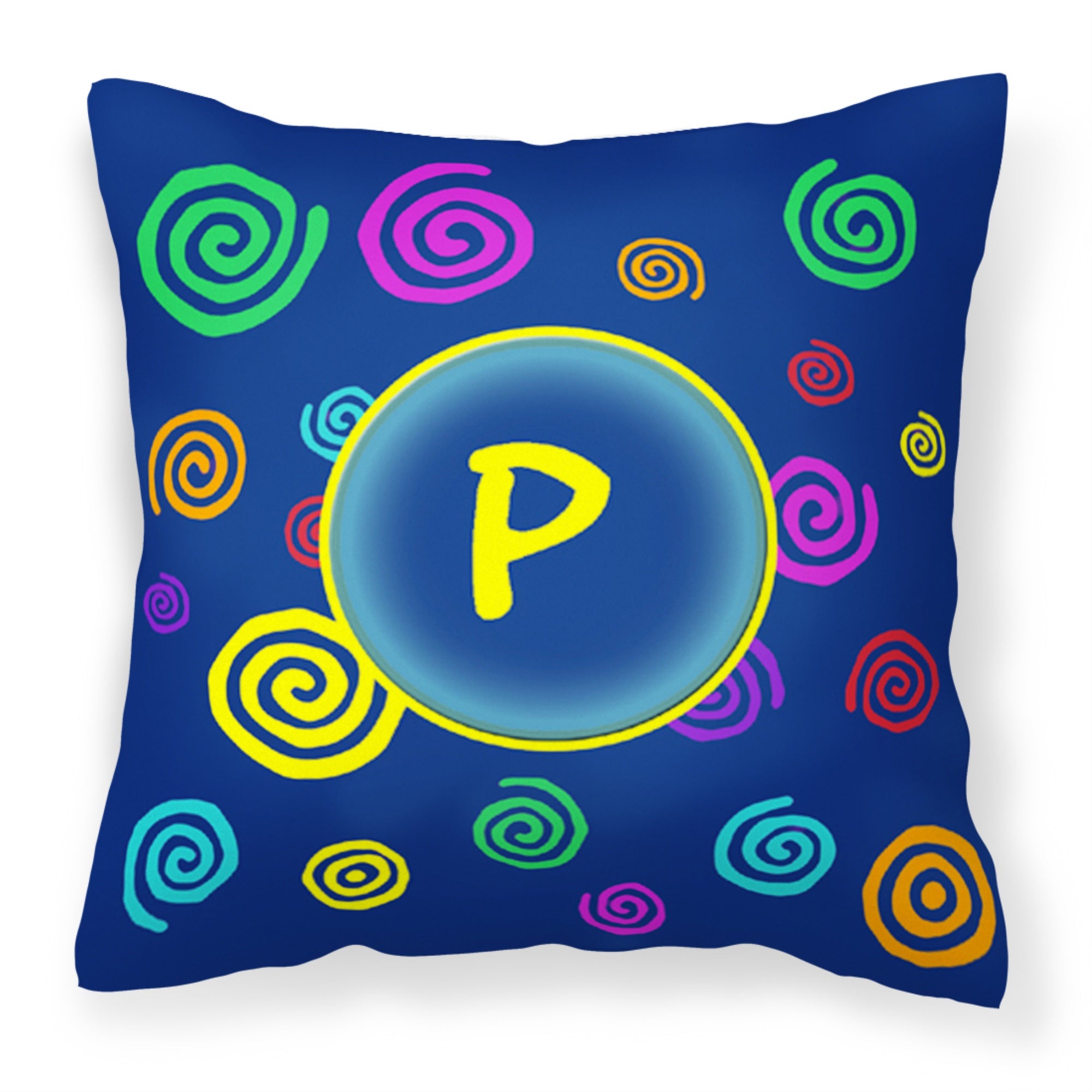 Letter P Initial Monogram - Blue Swirls Fabric Decorative Pillow