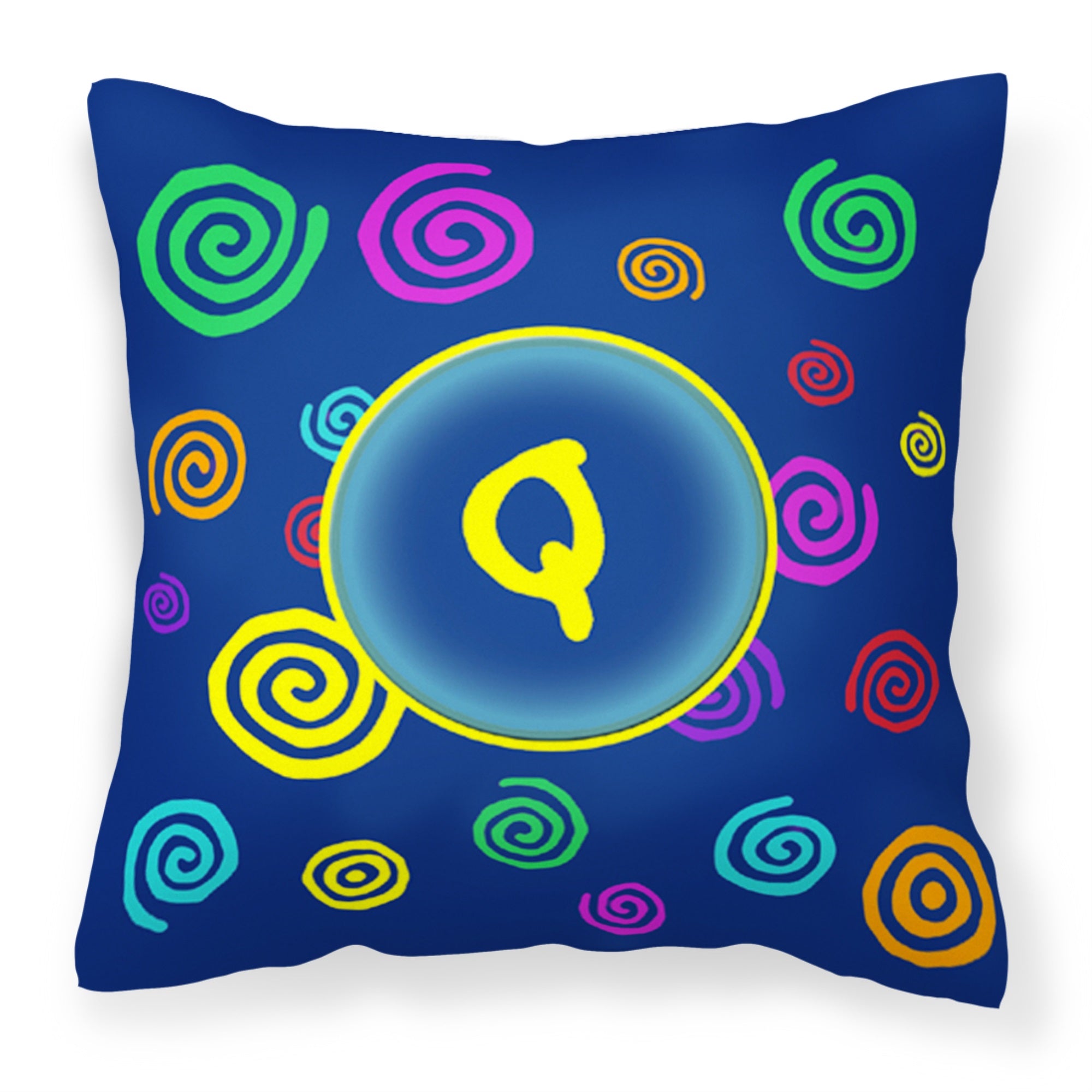 Letter Q Initial Monogram - Blue Swirls Fabric Decorative Pillow