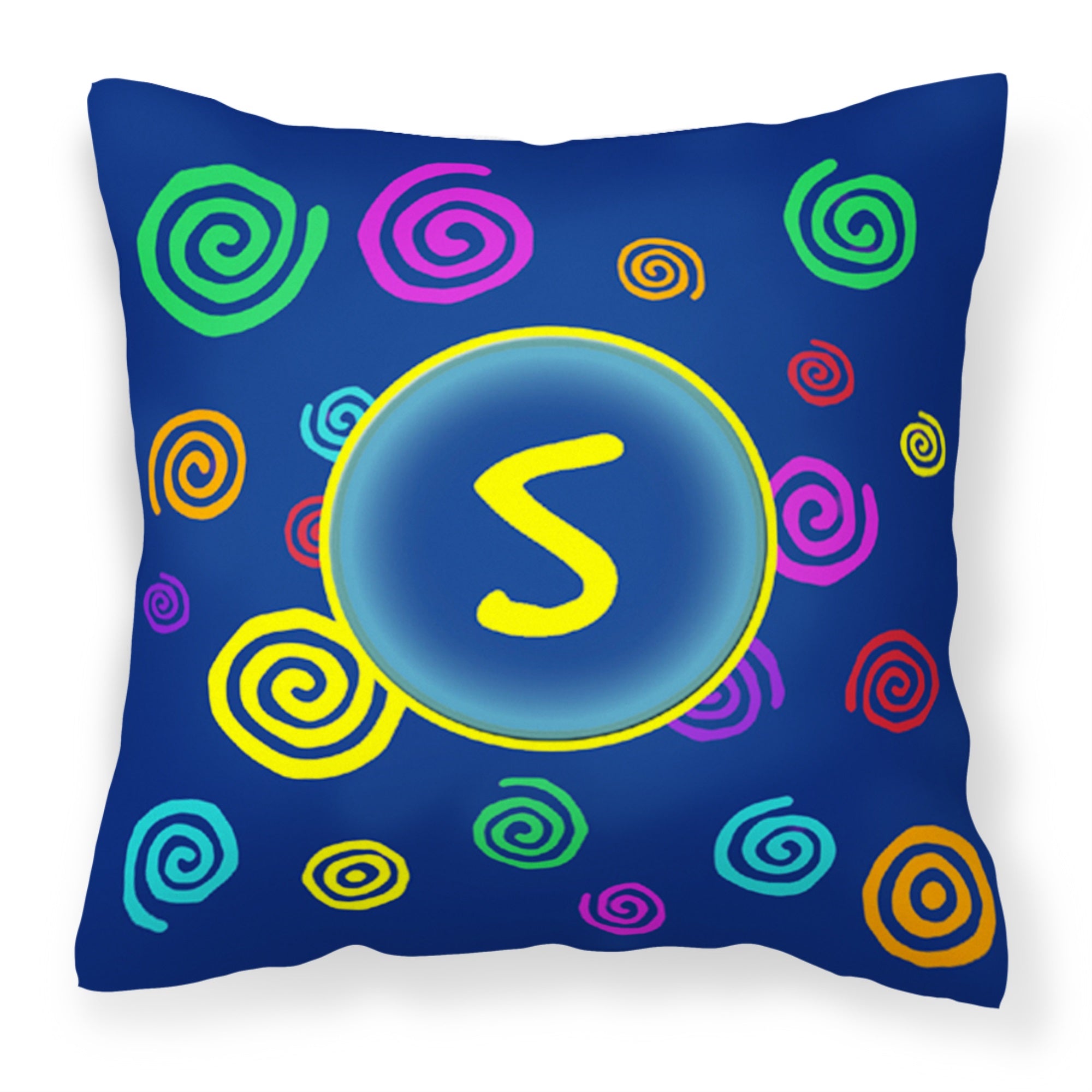 Letter S Initial Monogram - Blue Swirls Fabric Decorative Pillow