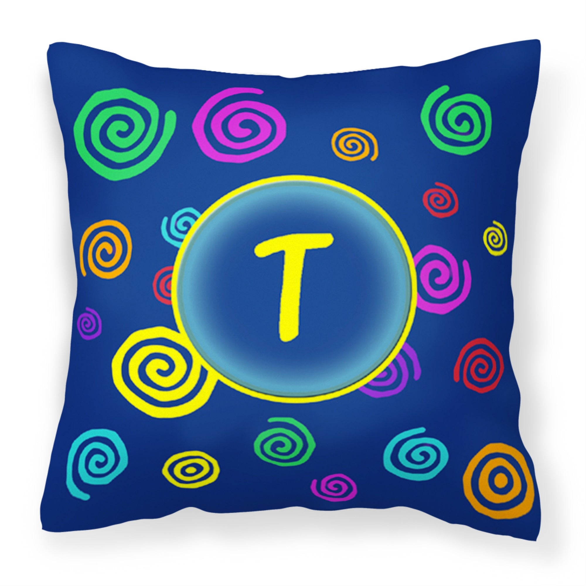 Letter T Initial Monogram - Blue Swirls Fabric Decorative Pillow