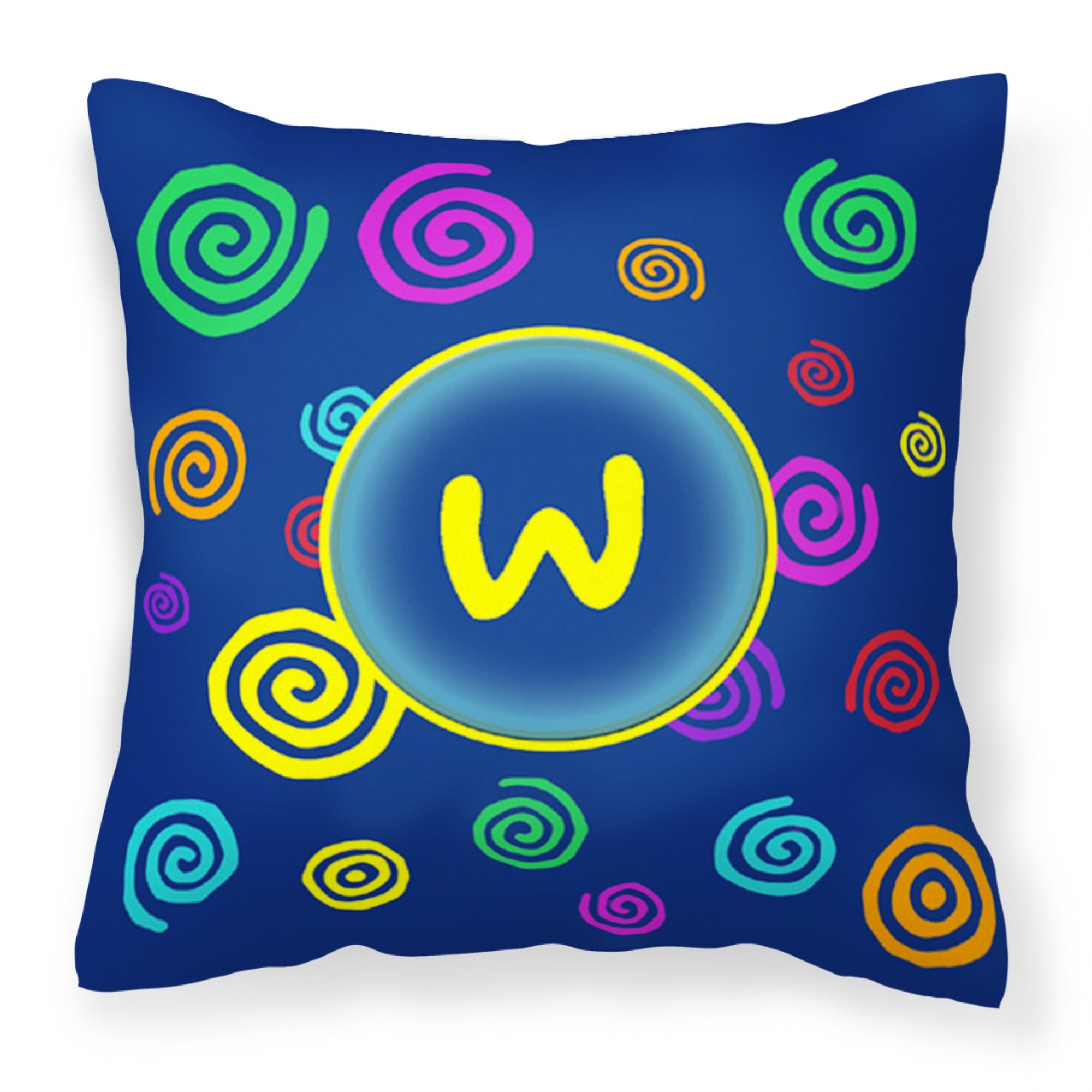 Letter W Initial Monogram - Blue Swirls Fabric Decorative Pillow