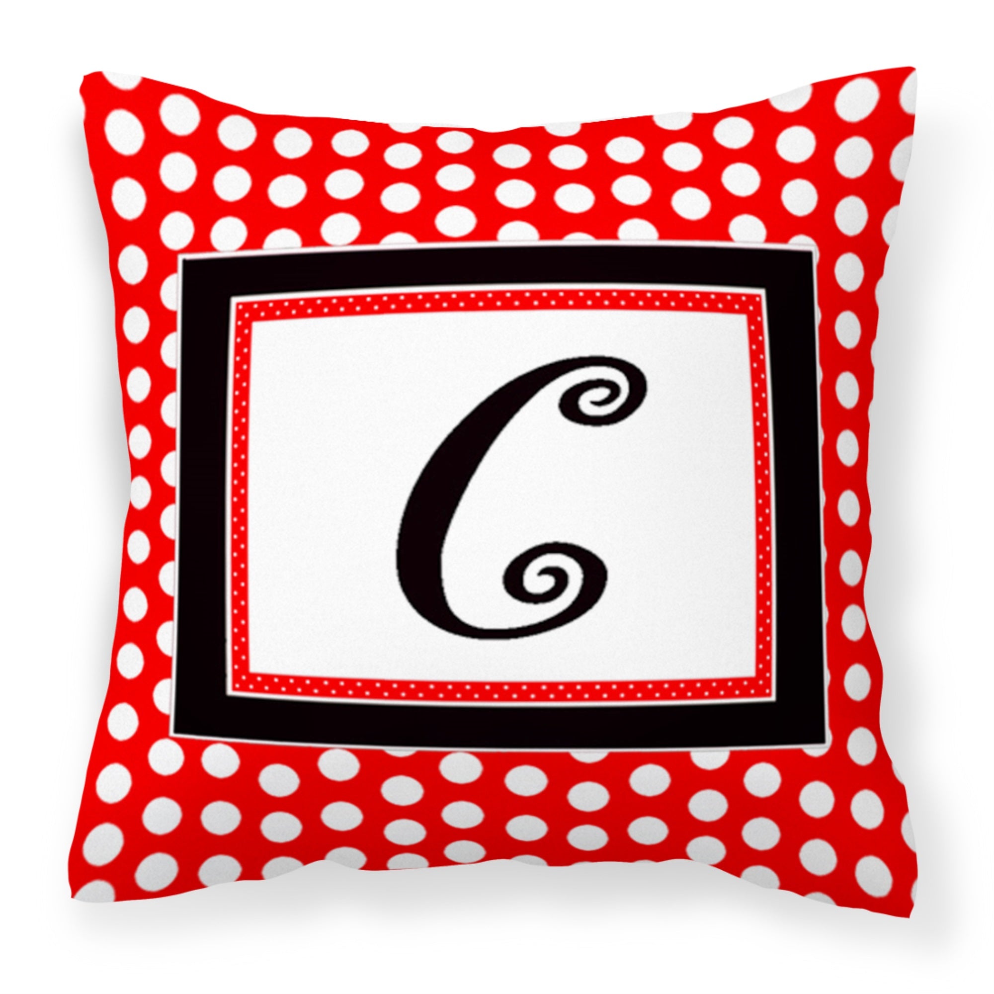 Letter C Initial  - Red Black Polka Dots Fabric Decorative Pillow
