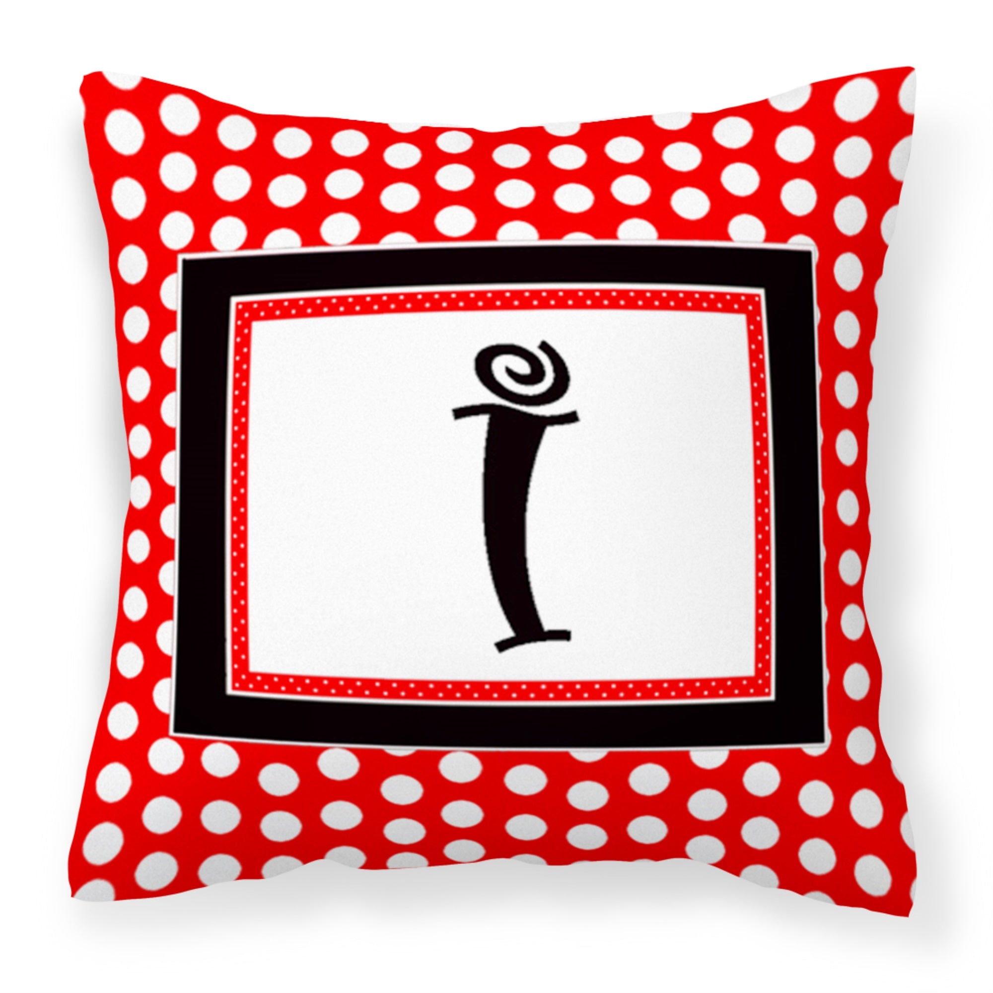 Letter I Initial  - Red Black Polka Dots Fabric Decorative Pillow