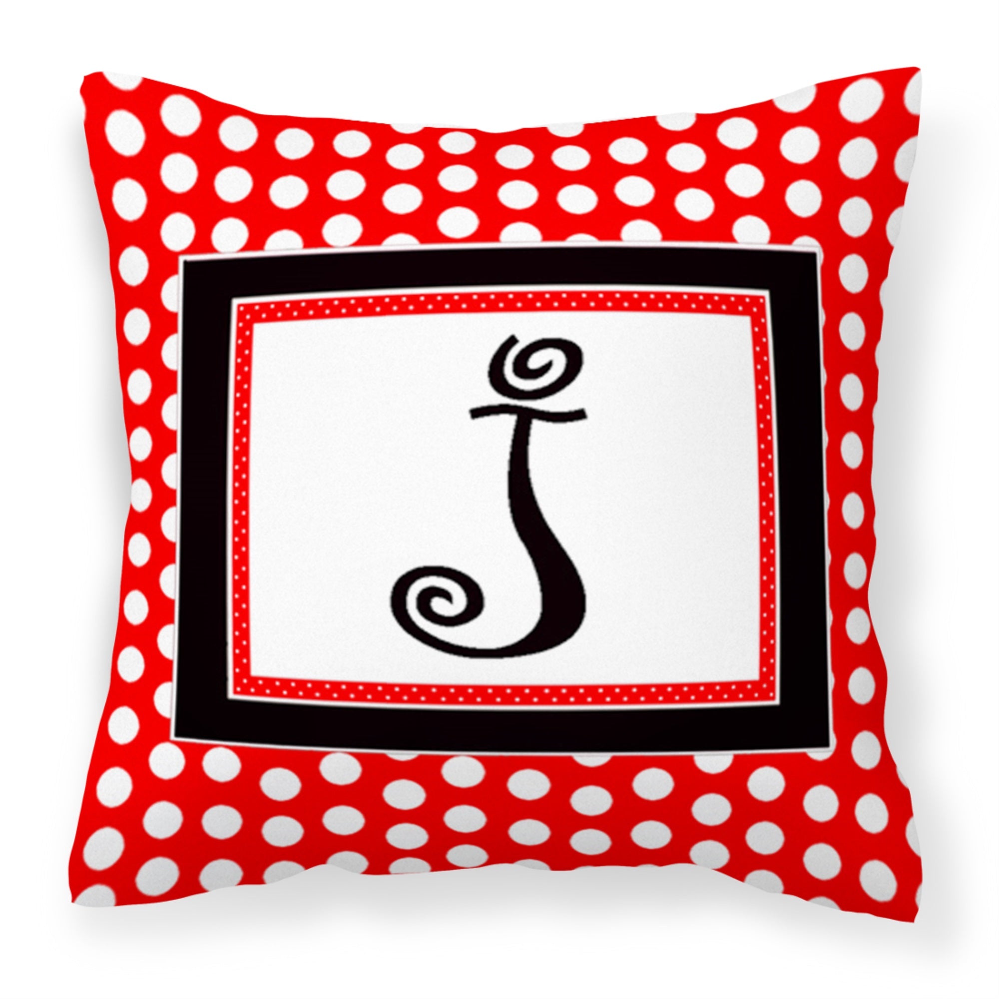 Letter J Initial  - Red Black Polka Dots Fabric Decorative Pillow
