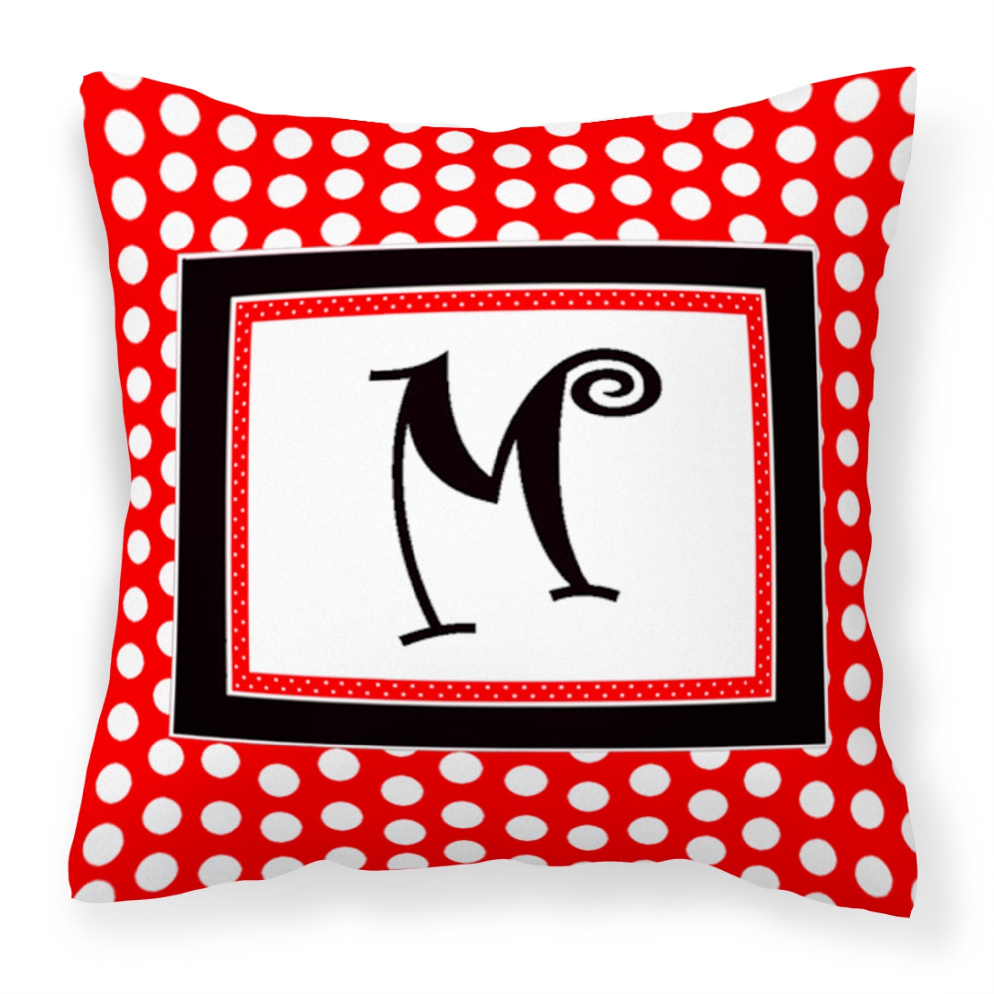 Letter M Initial  - Red Black Polka Dots Fabric Decorative Pillow