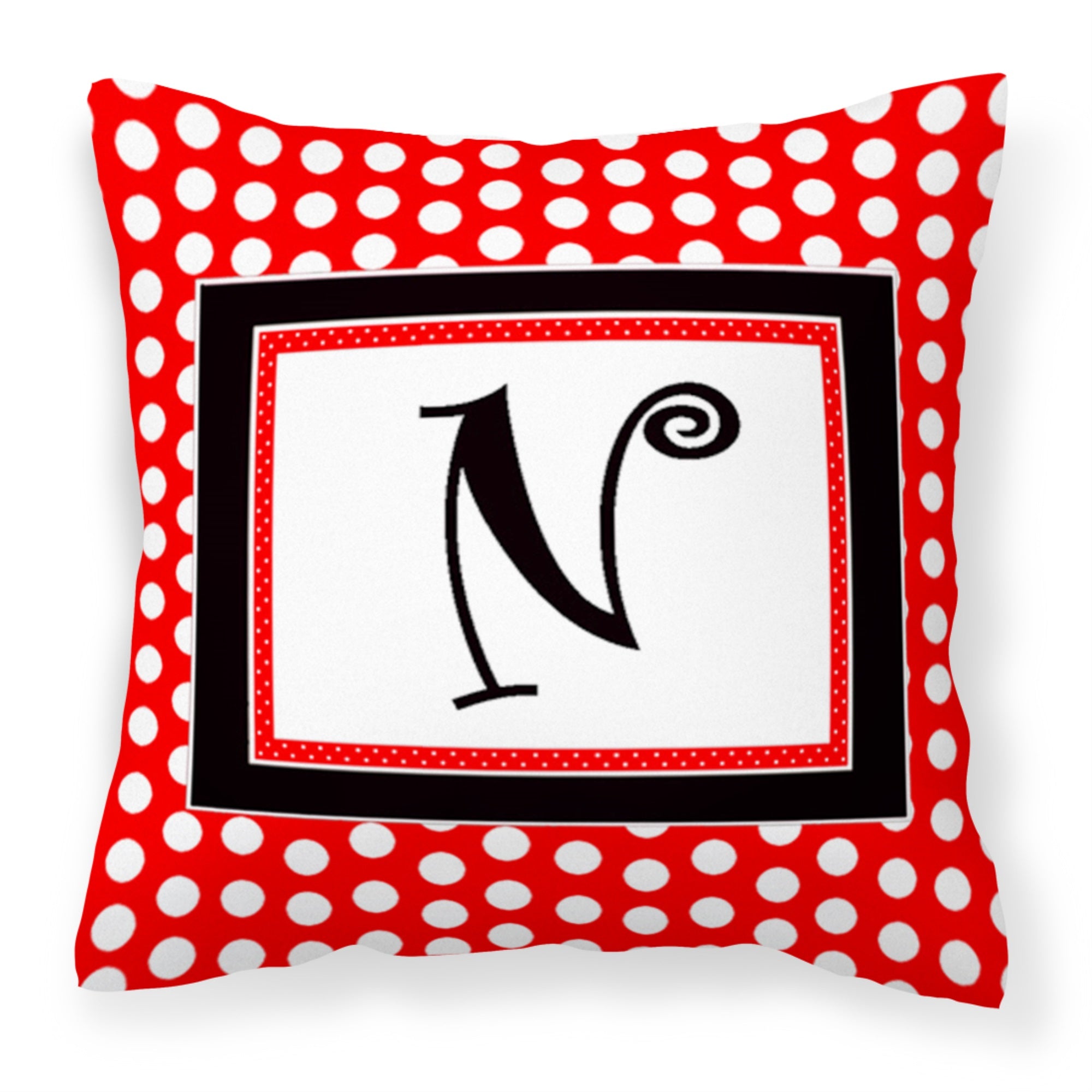 Letter N Initial  - Red Black Polka Dots Fabric Decorative Pillow