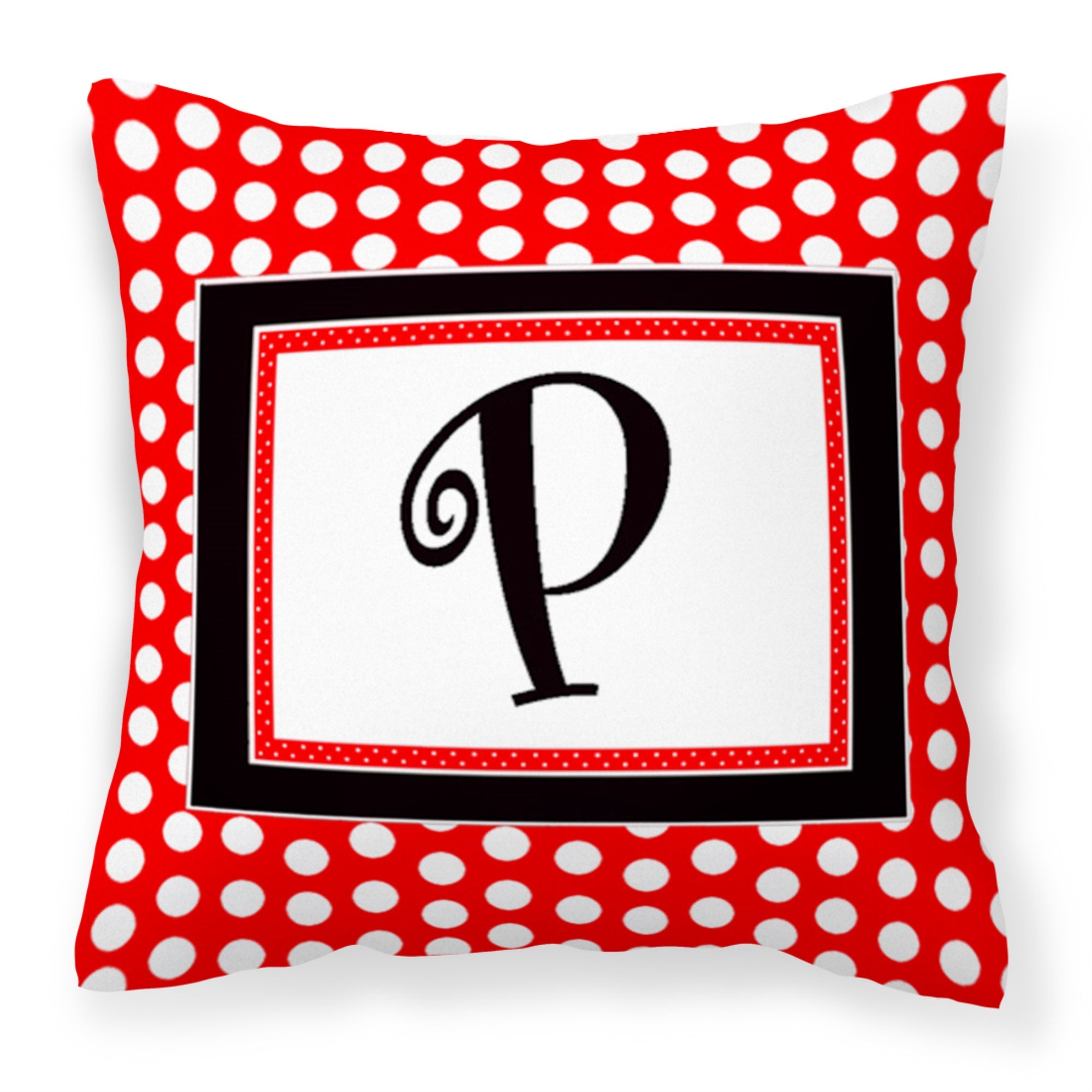 Letter P Initial  - Red Black Polka Dots Fabric Decorative Pillow