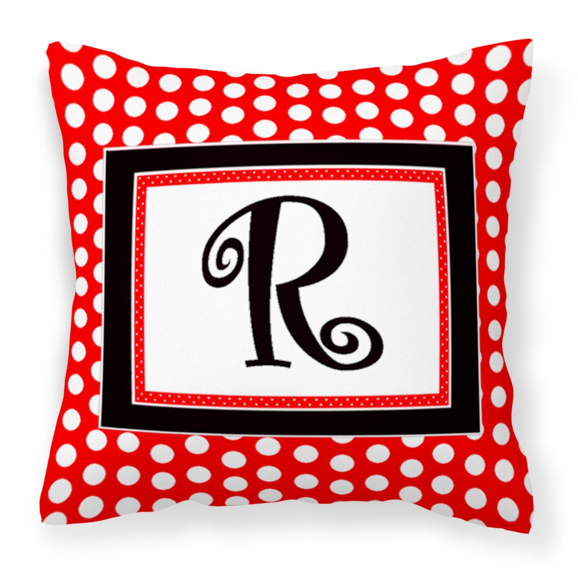 Letter R Initial  - Red Black Polka Dots Fabric Decorative Pillow
