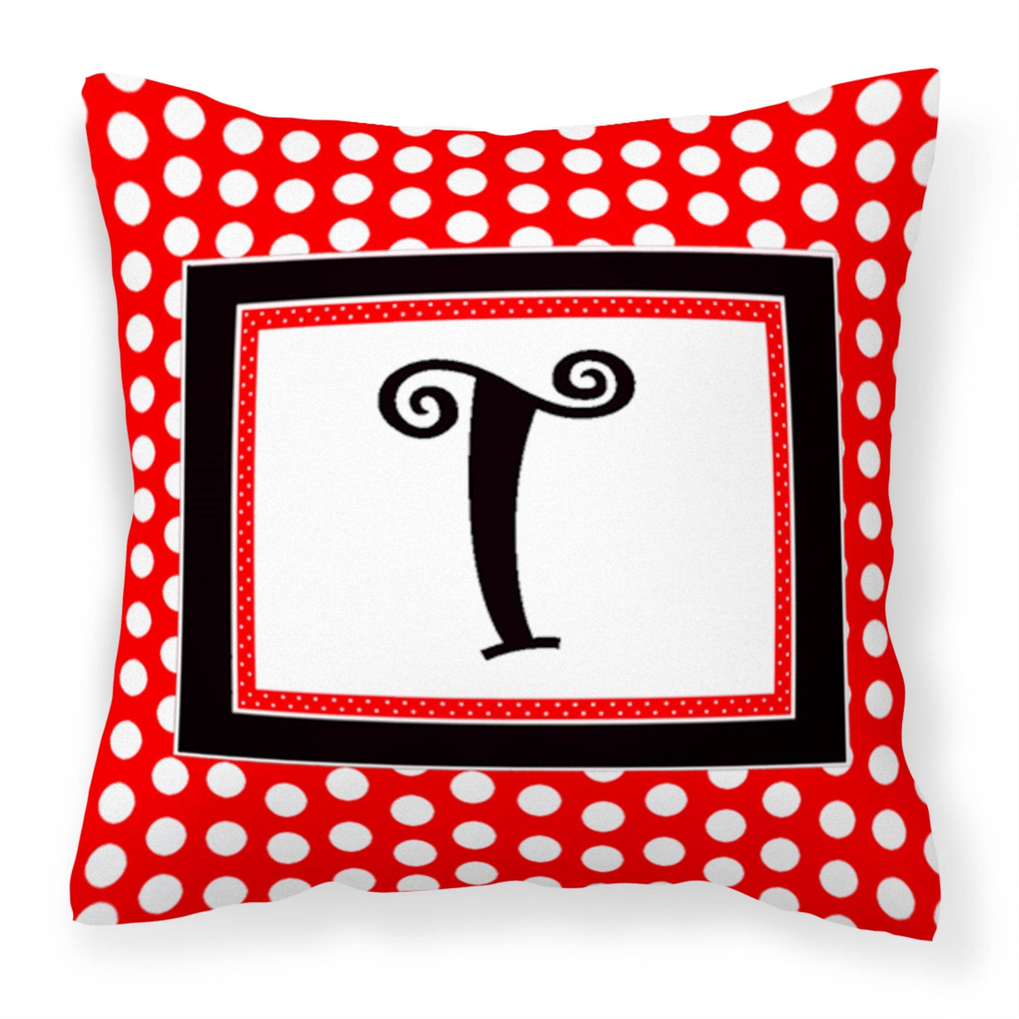 Letter T Initial  - Red Black Polka Dots Fabric Decorative Pillow