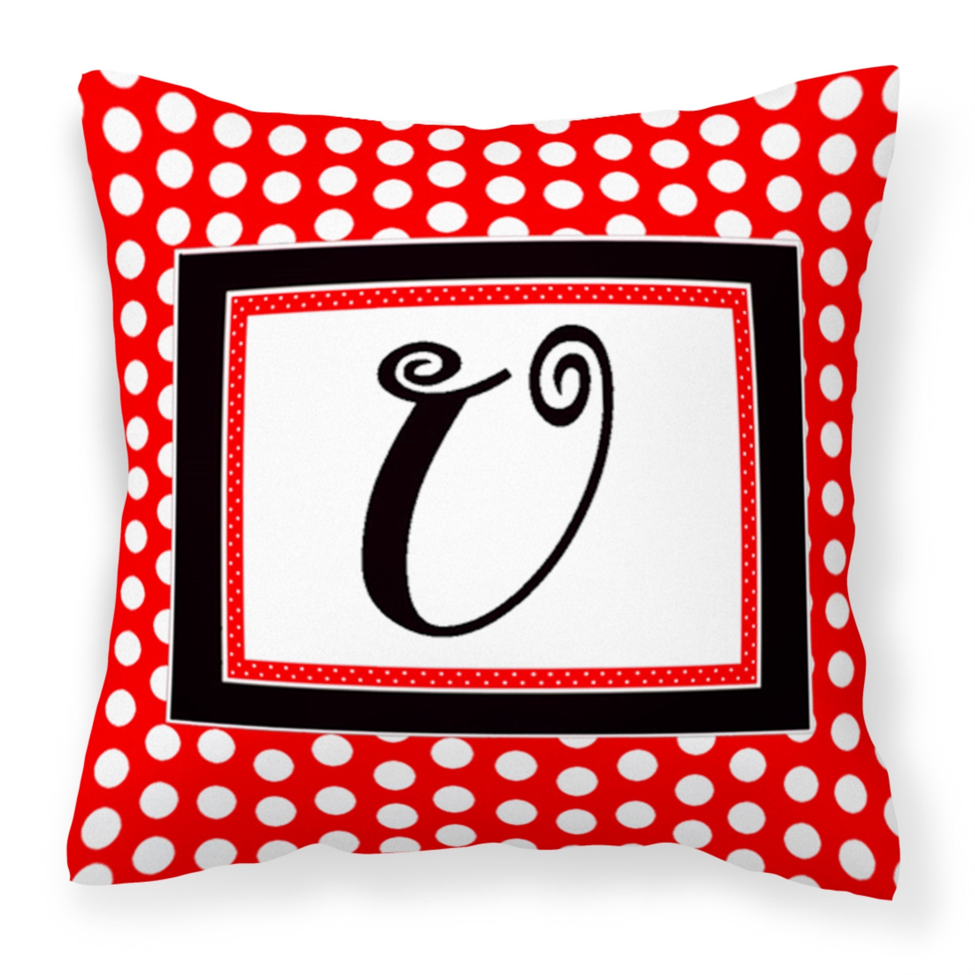 Letter U Initial  - Red Black Polka Dots Fabric Decorative Pillow