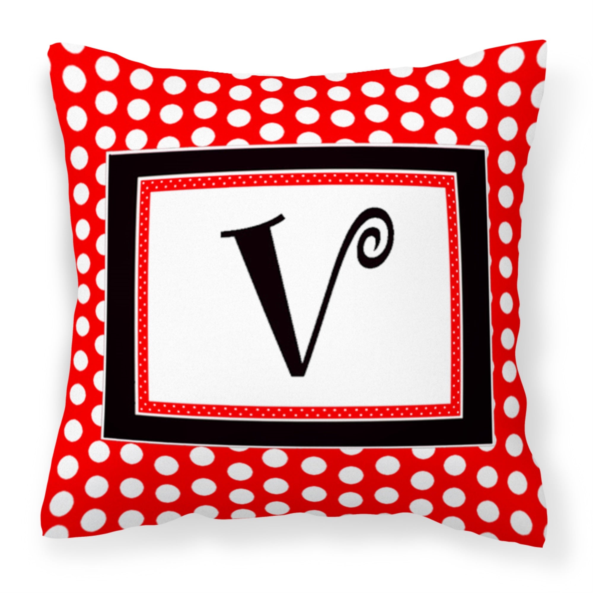 Letter V Initial  - Red Black Polka Dots Fabric Decorative Pillow