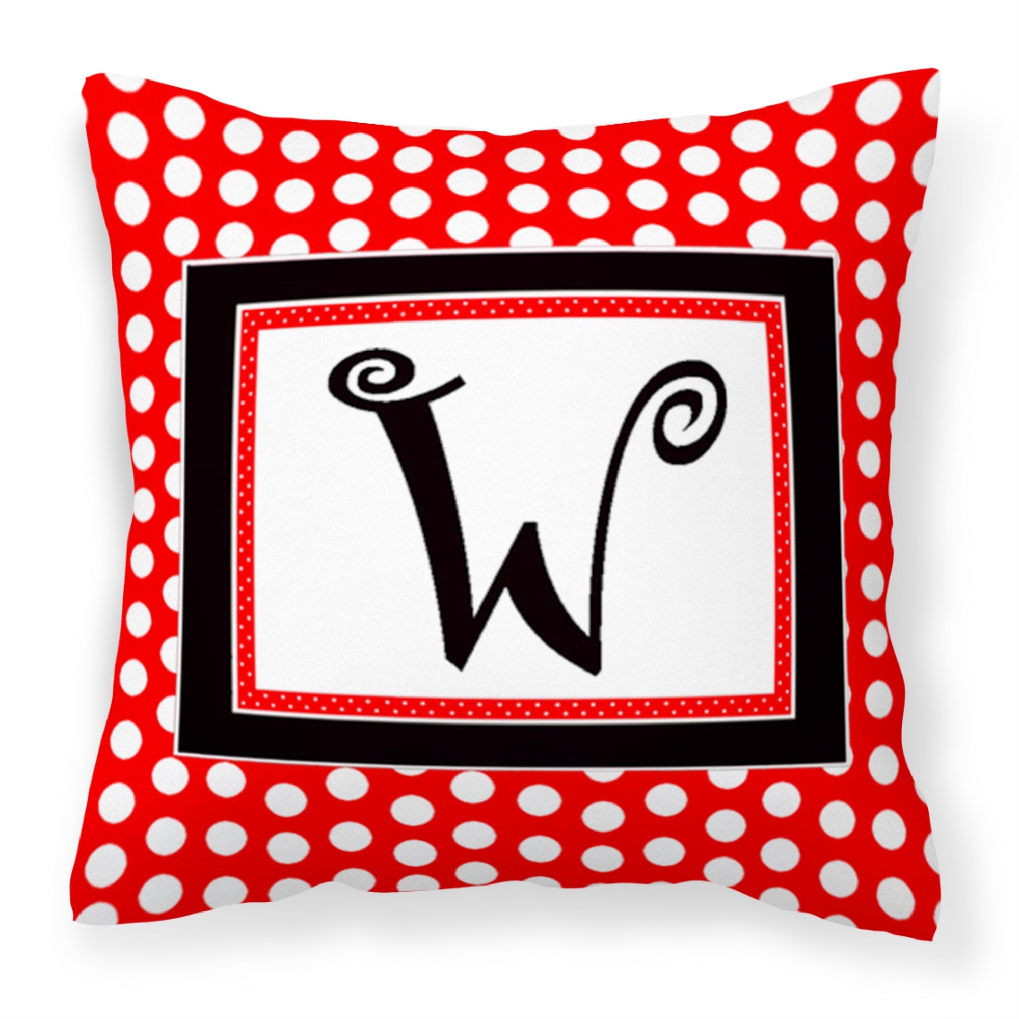 Letter W Initial  - Red Black Polka Dots Fabric Decorative Pillow