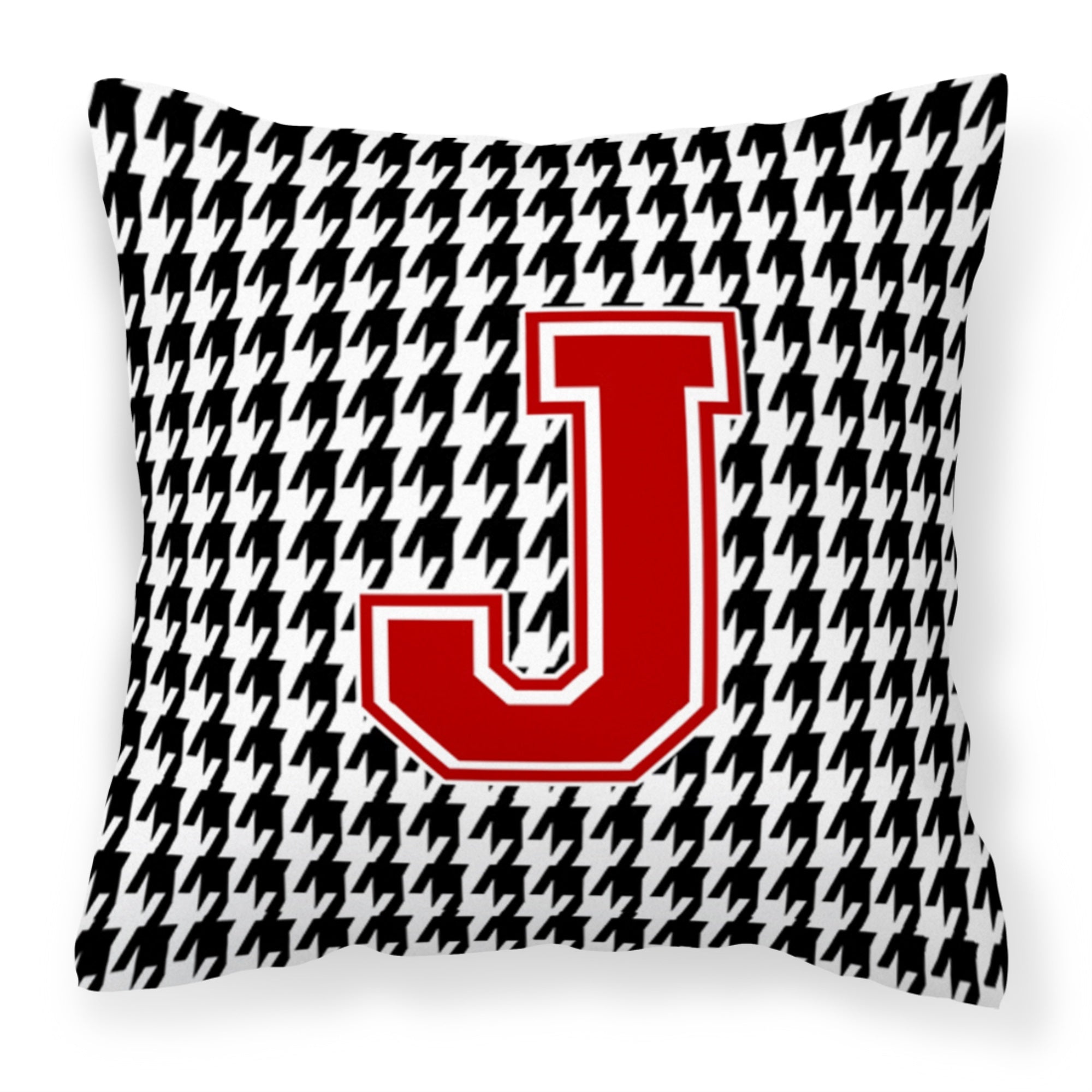 Letter J Monogram - Houndstooth Black Fabric Decorative Pillow
