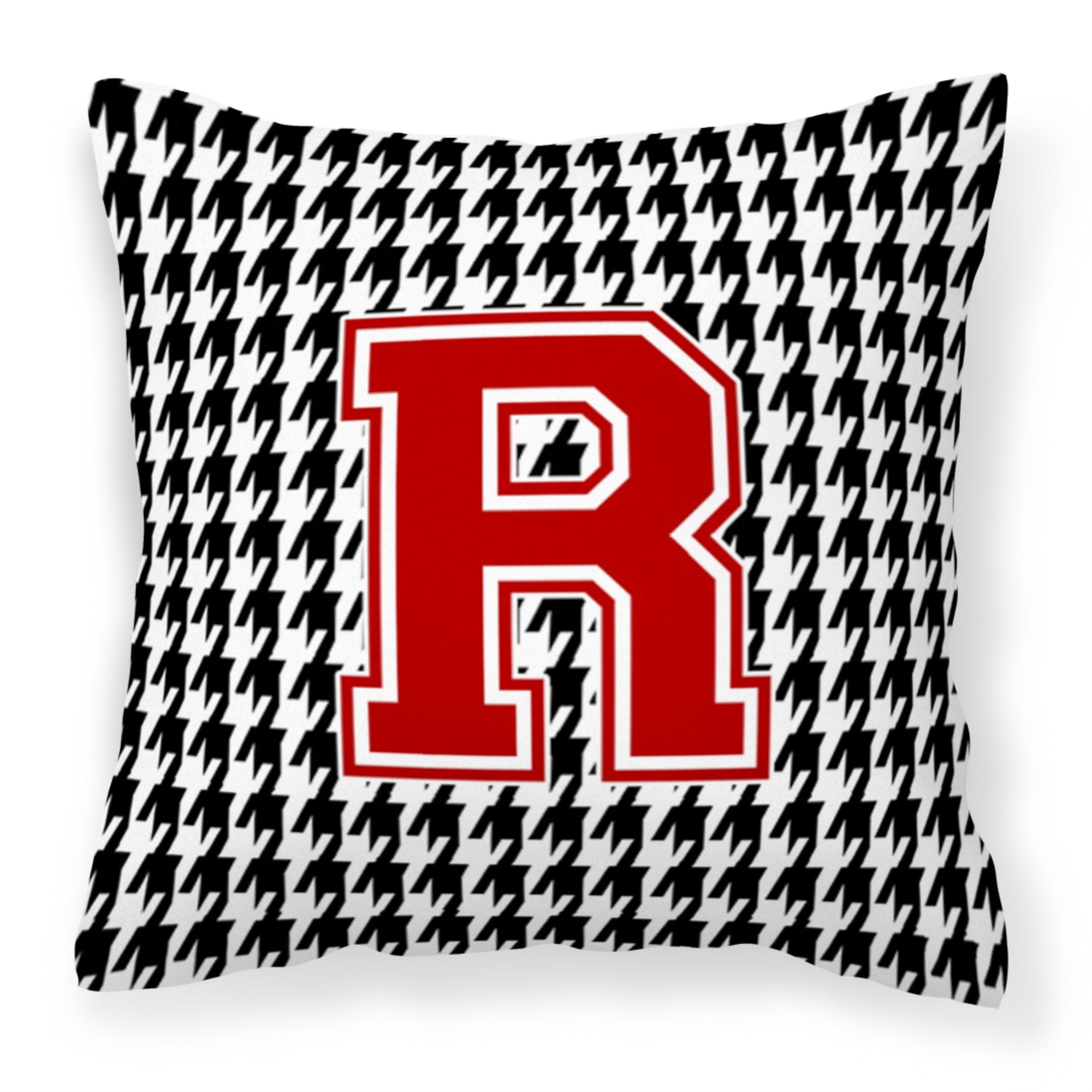 Letter R Monogram - Houndstooth Black Fabric Decorative Pillow