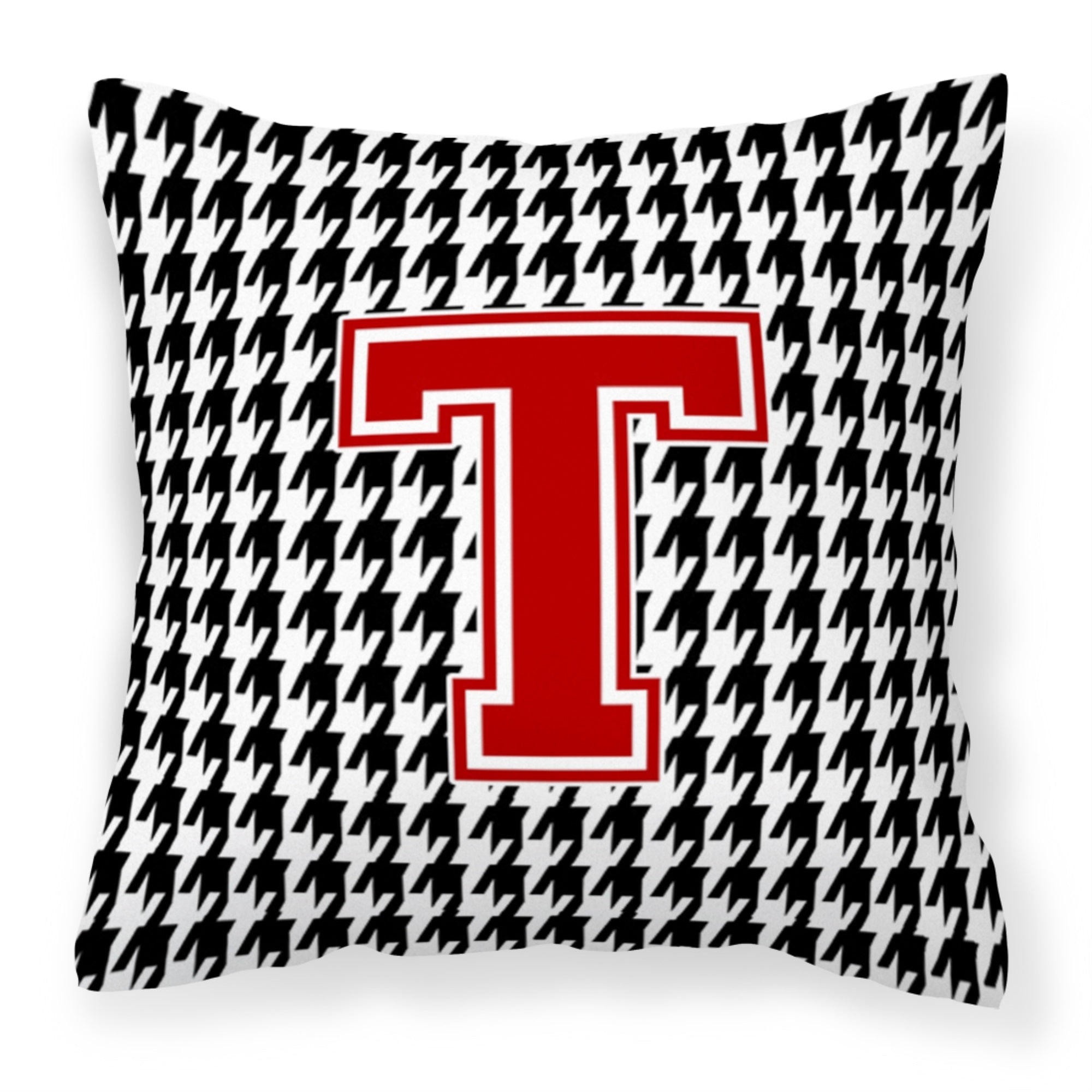 Letter T Monogram - Houndstooth Black Fabric Decorative Pillow