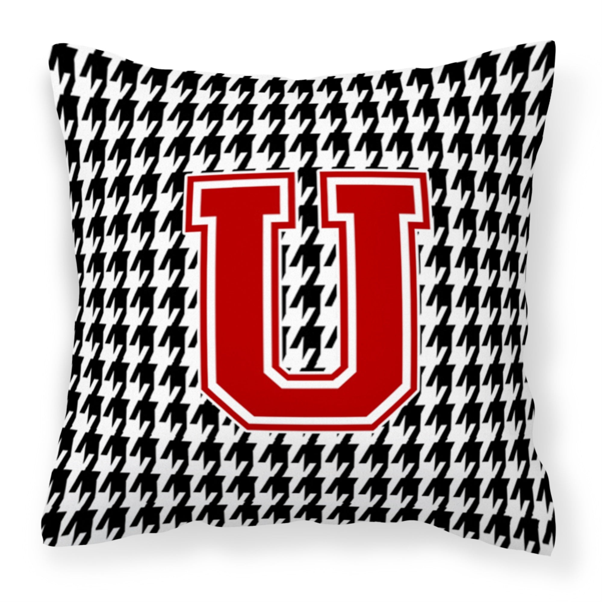 Letter U Monogram - Houndstooth Black Fabric Decorative Pillow