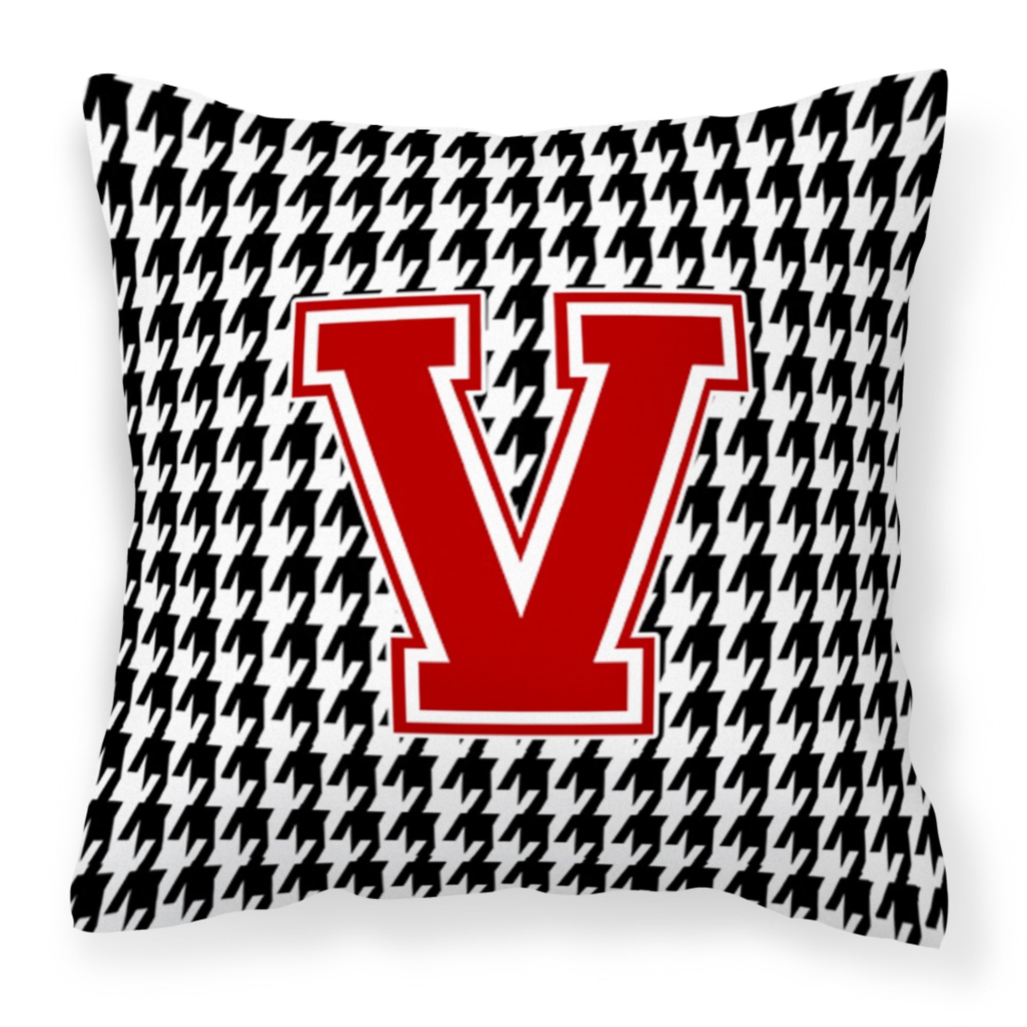 Letter V Monogram - Houndstooth Black Fabric Decorative Pillow